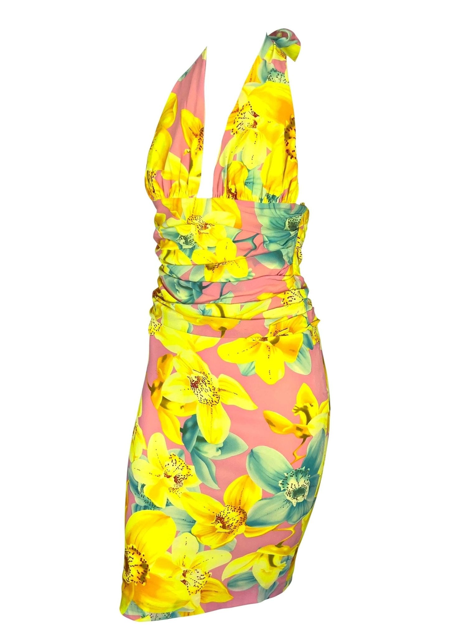 S/S 2004 Versace by Donatella Runway Neon Pink Floral Halter Top Skirt Set - RealList