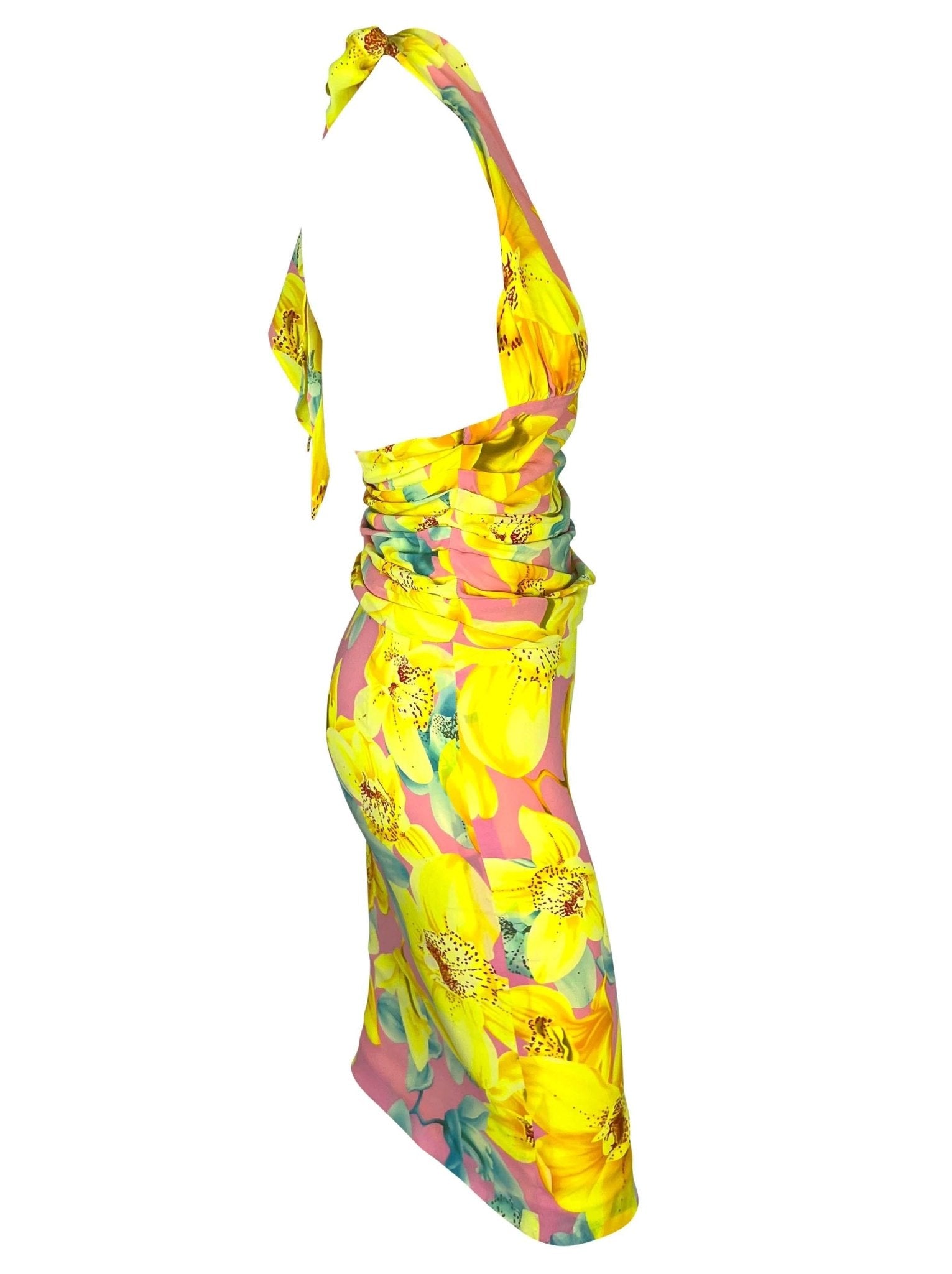 S/S 2004 Versace by Donatella Runway Neon Pink Floral Halter Top Skirt Set - RealList