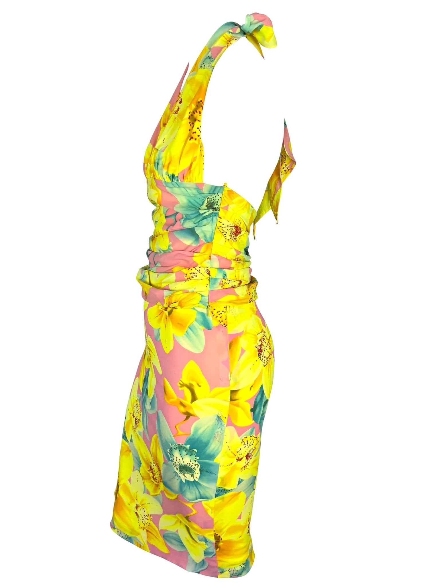 S/S 2004 Versace by Donatella Runway Neon Pink Floral Halter Top Skirt Set - RealList