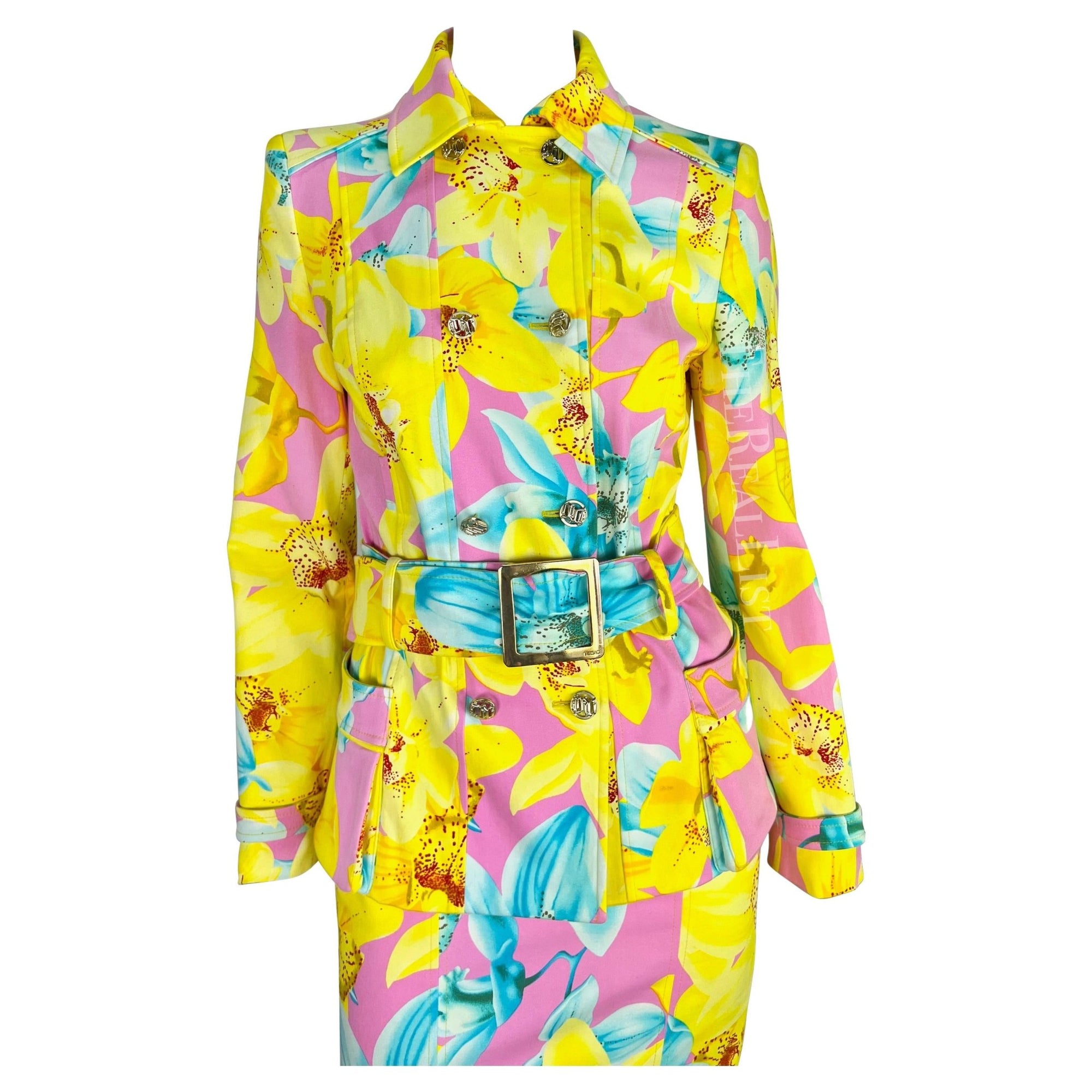 S/S 2004 Versace by Donatella Runway Pink Neon Yellow Floral Belted Skirt Suit - RealList