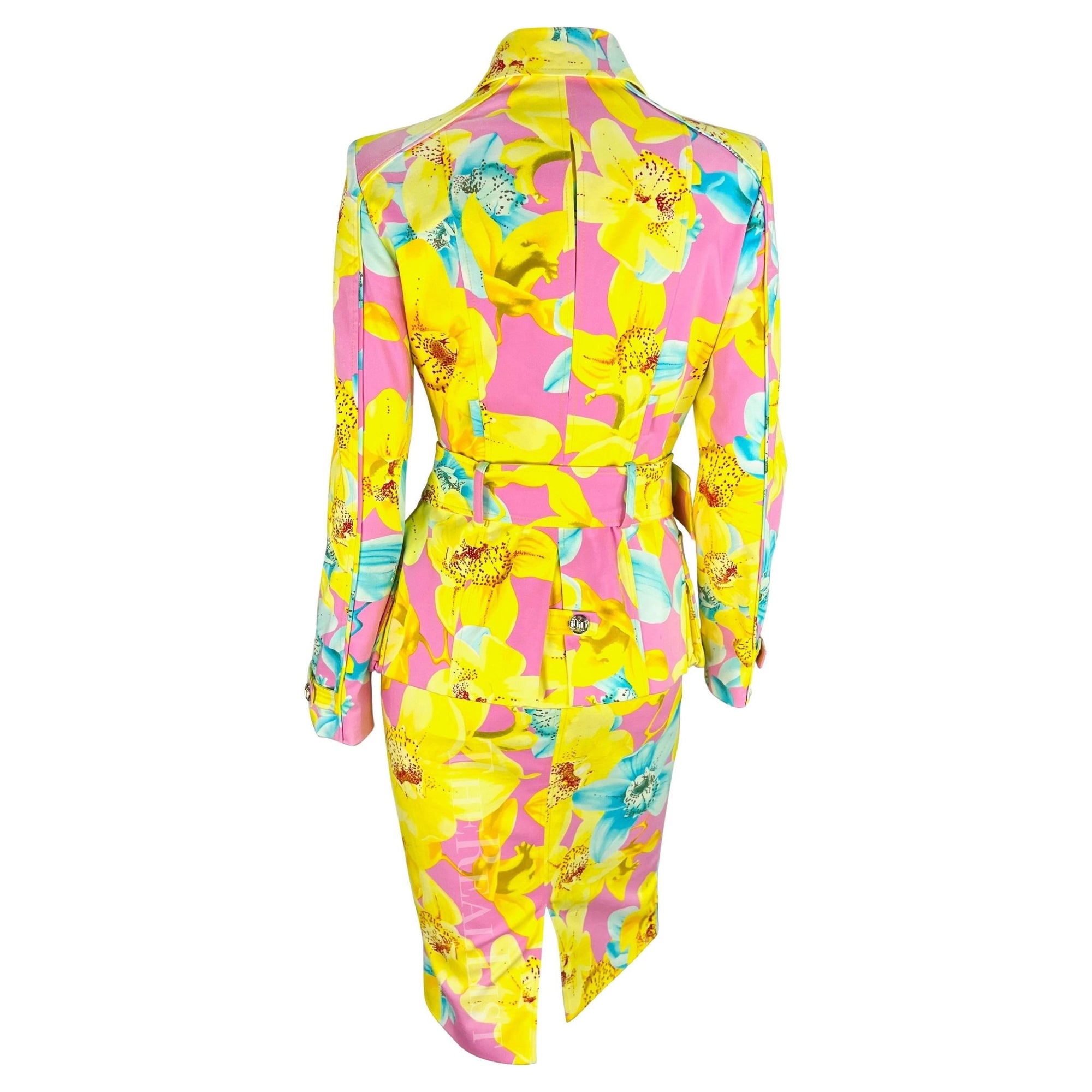 S/S 2004 Versace by Donatella Runway Pink Neon Yellow Floral Belted Skirt Suit - RealList