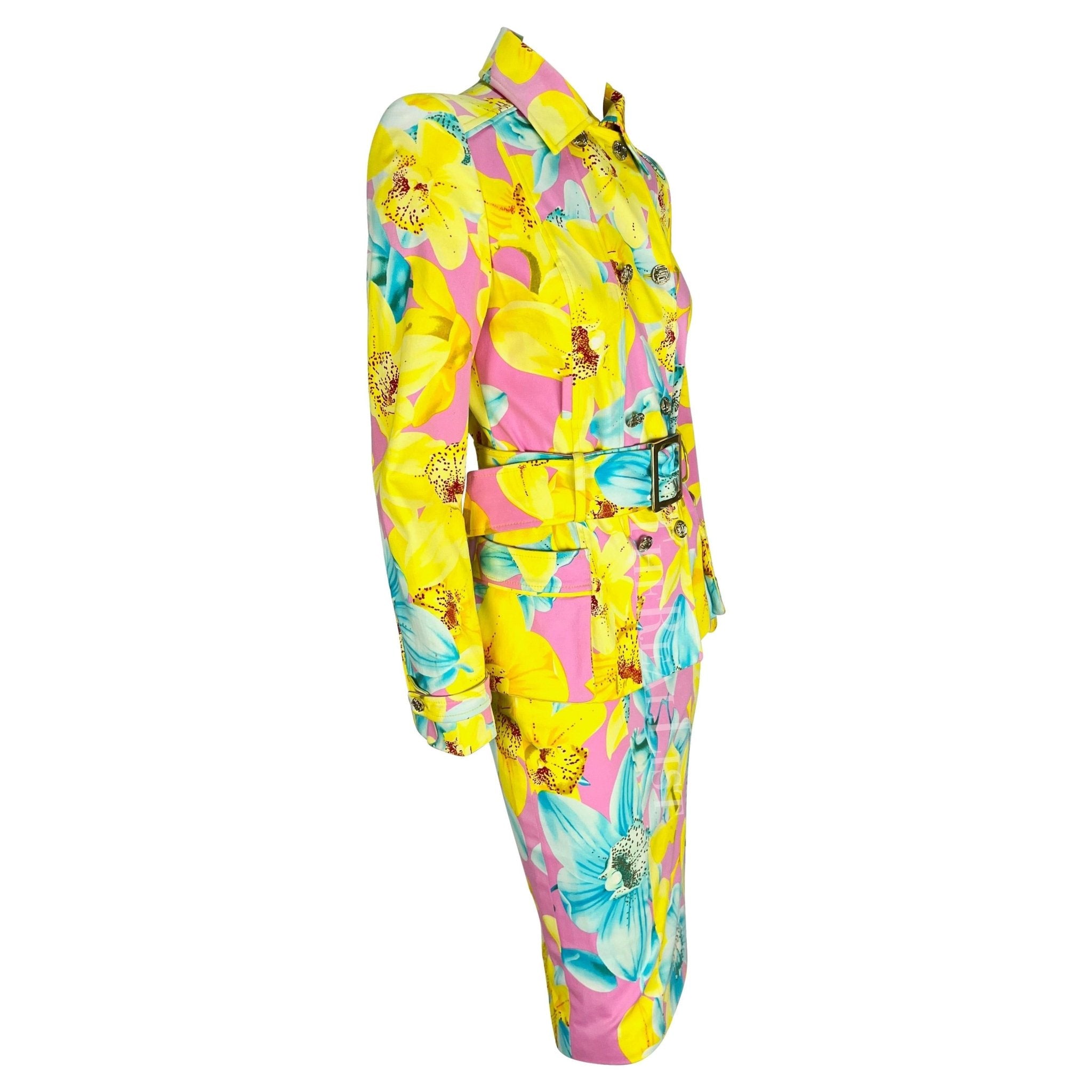 S/S 2004 Versace by Donatella Runway Pink Neon Yellow Floral Belted Skirt Suit - RealList