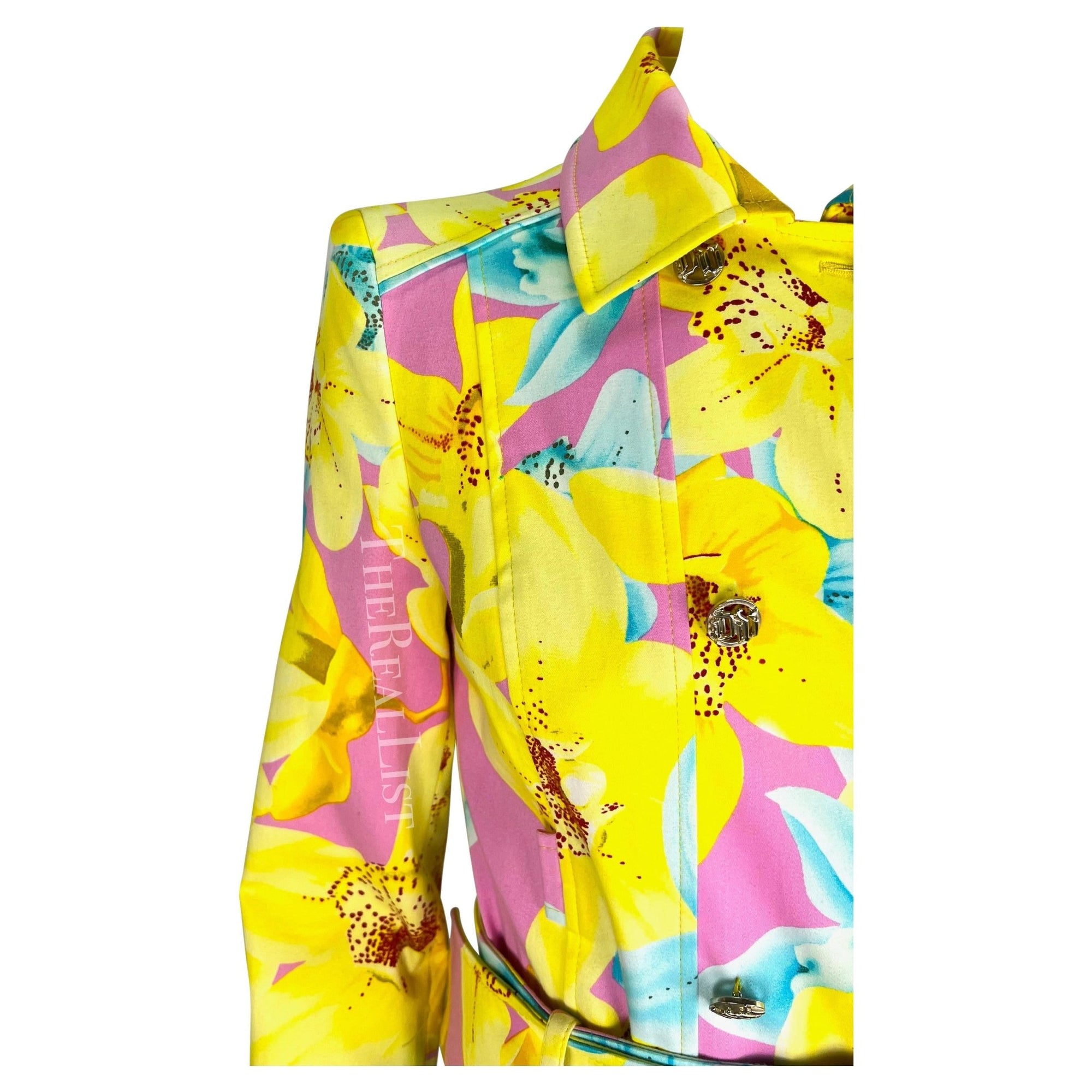 S/S 2004 Versace by Donatella Runway Pink Neon Yellow Floral Belted Skirt Suit - RealList