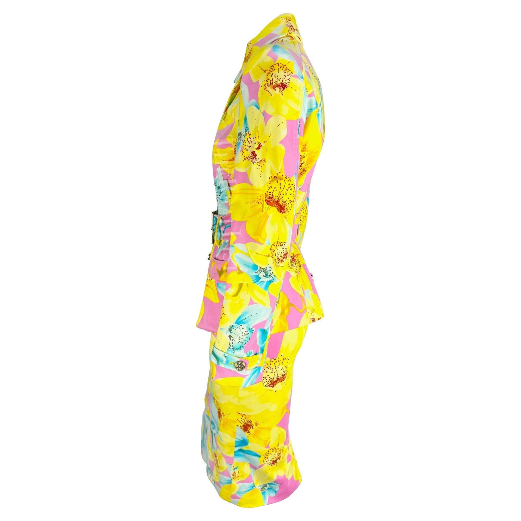 S/S 2004 Versace by Donatella Runway Pink Neon Yellow Floral Belted Skirt Suit - RealList