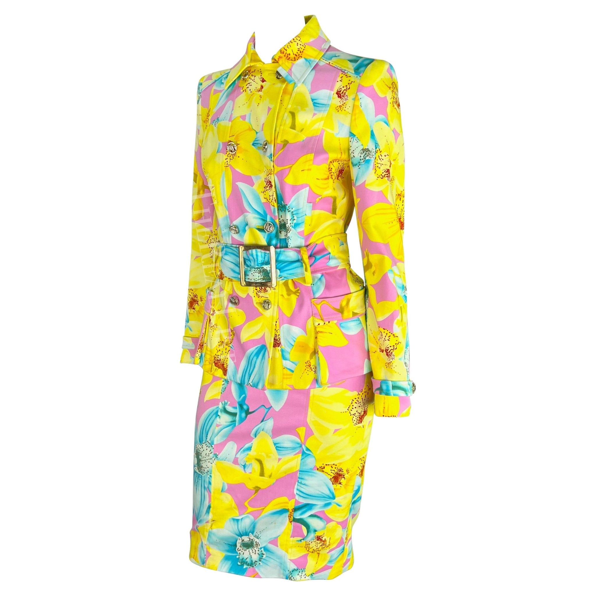 S/S 2004 Versace by Donatella Runway Pink Neon Yellow Floral Belted Skirt Suit - RealList