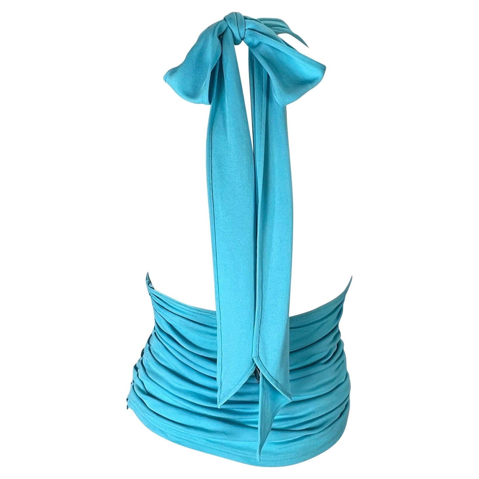 S/S 2004 Versace by Donatella Teal Blue Ruched Halter Neck Stretch Crop Top - RealList