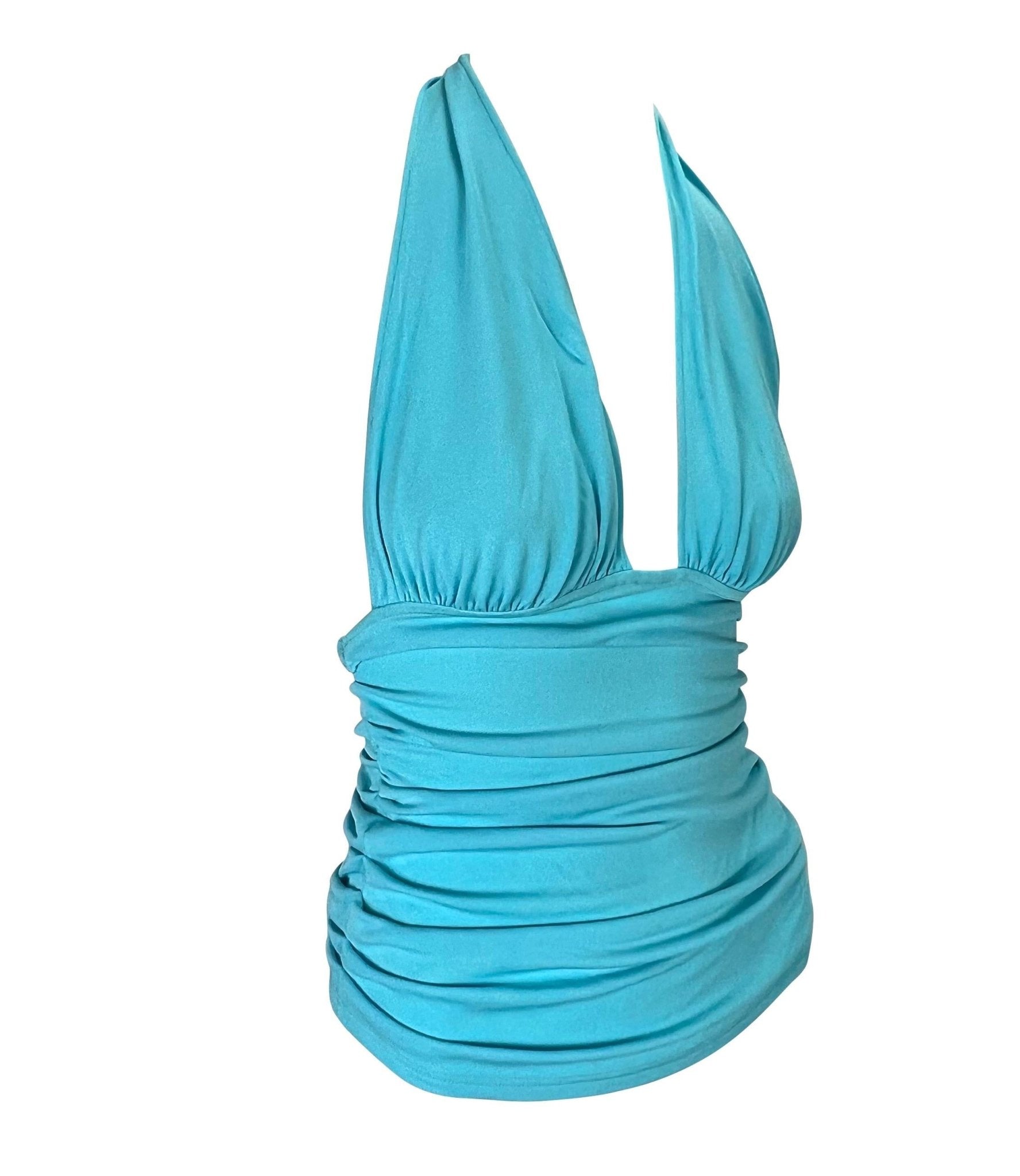 S/S 2004 Versace by Donatella Teal Blue Ruched Halter Neck Stretch Crop Top - RealList
