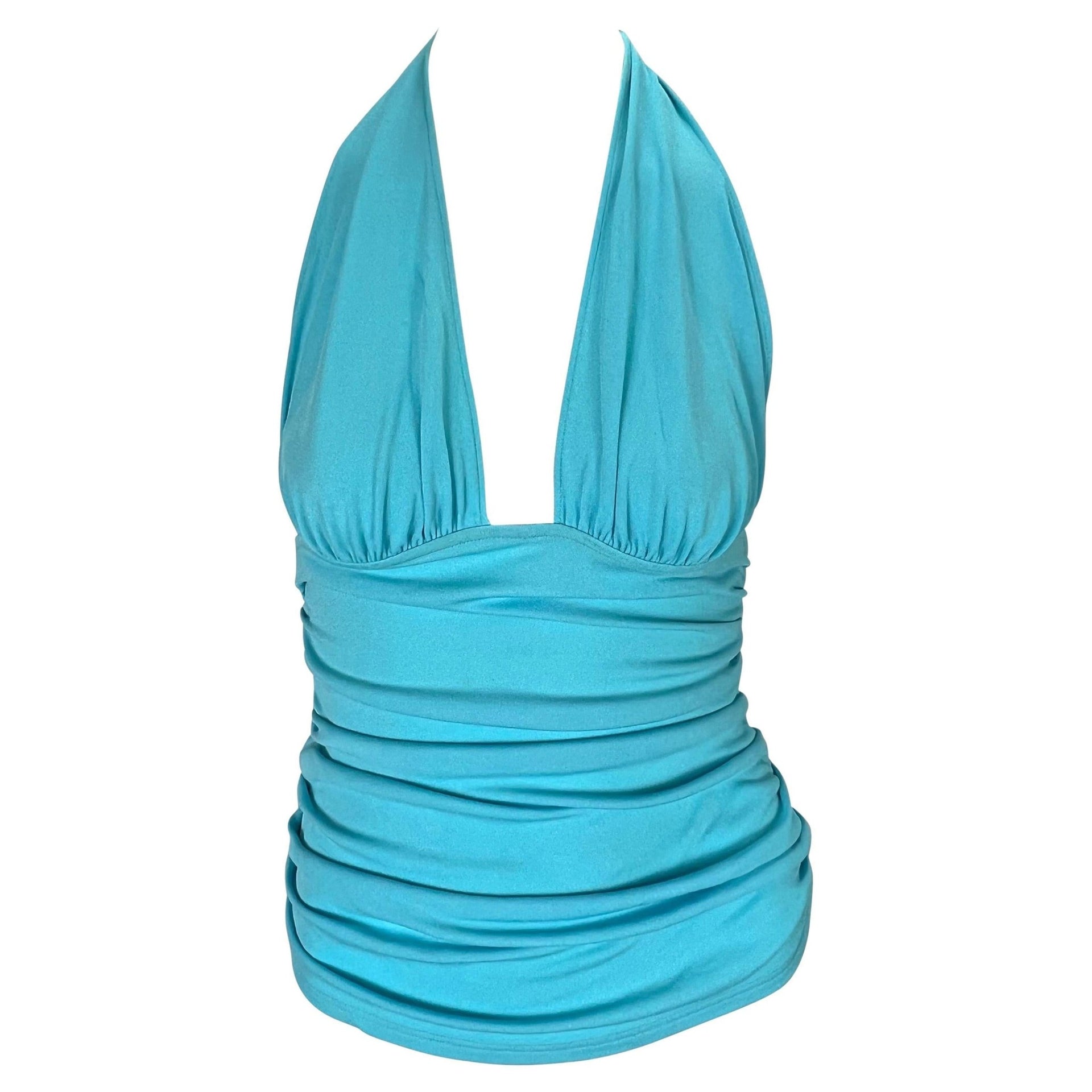 S/S 2004 Versace by Donatella Teal Blue Ruched Halter Neck Stretch Crop Top - RealList