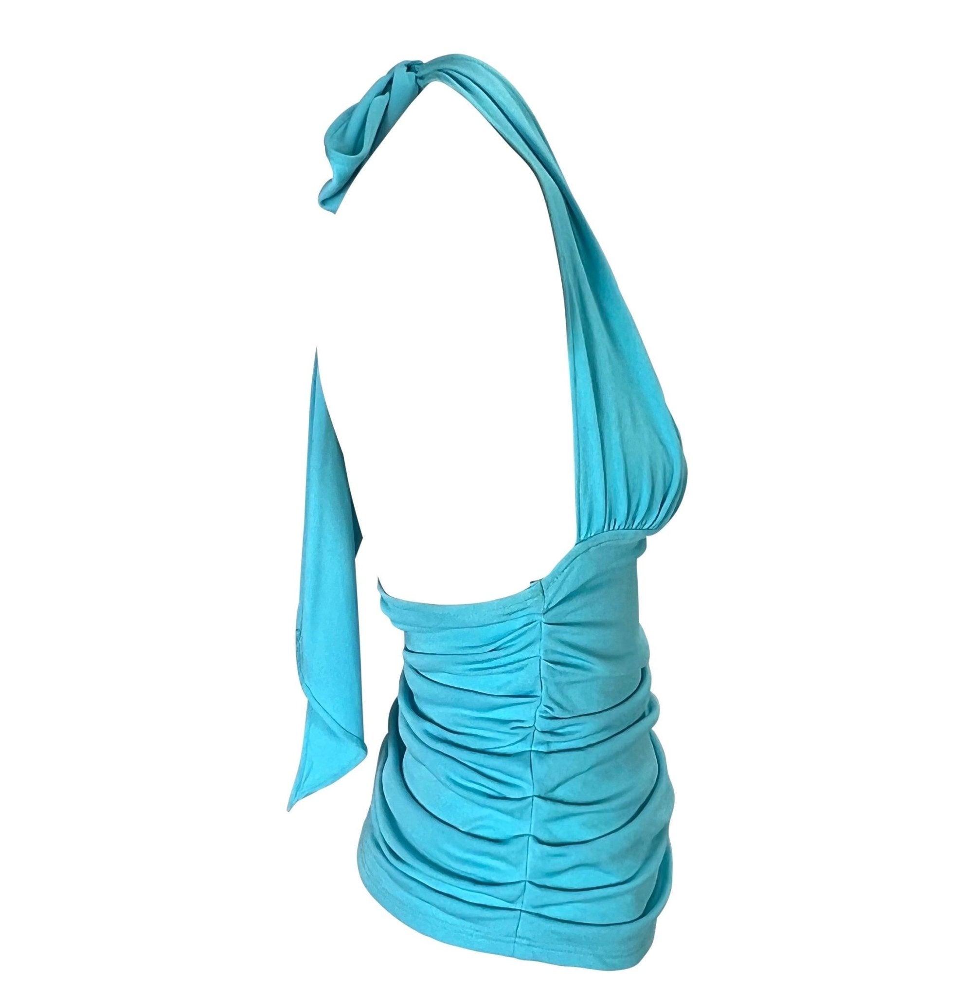 S/S 2004 Versace by Donatella Teal Blue Ruched Halter Neck Stretch Crop Top - RealList