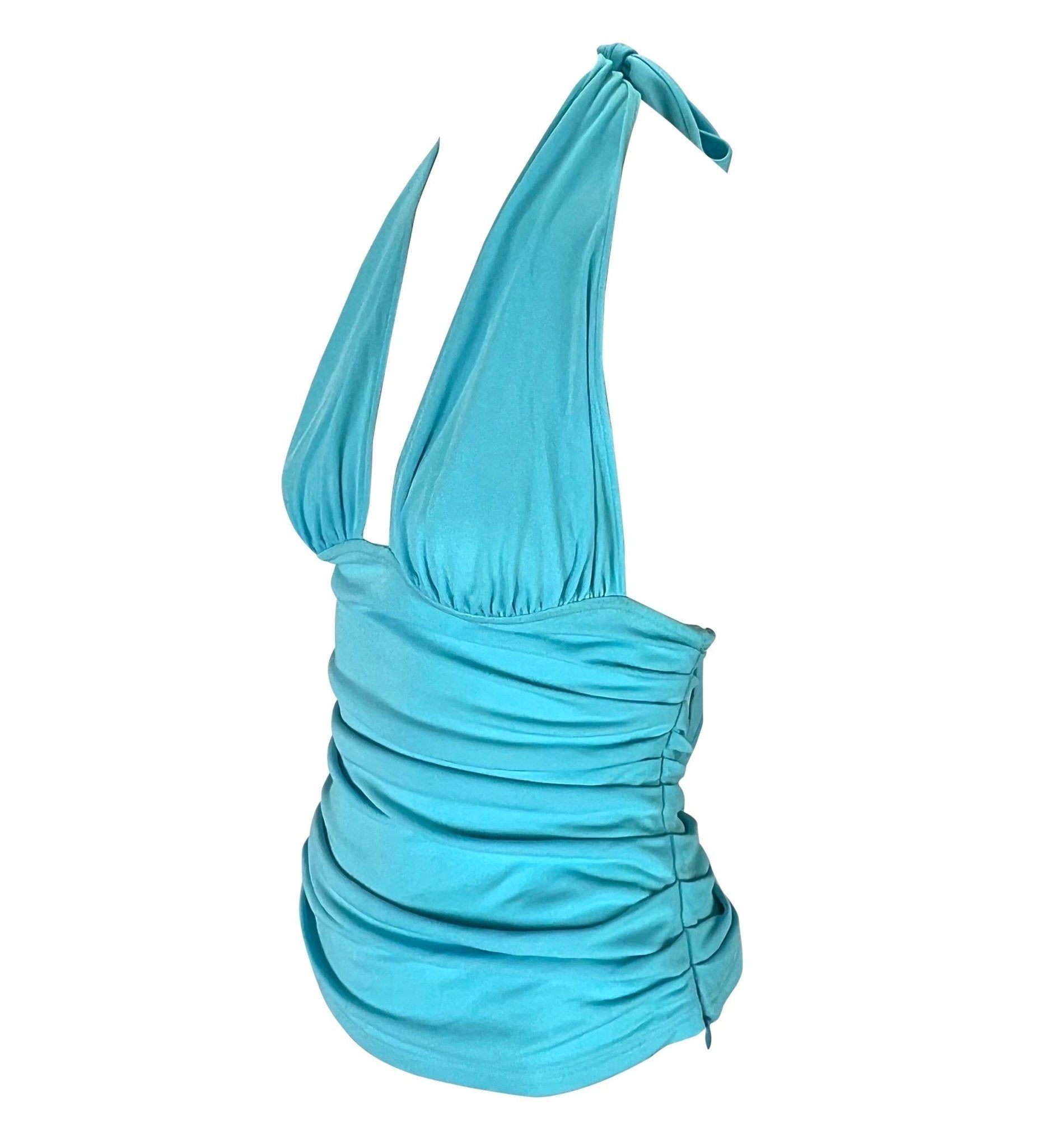 S/S 2004 Versace by Donatella Teal Blue Ruched Halter Neck Stretch Crop Top - RealList