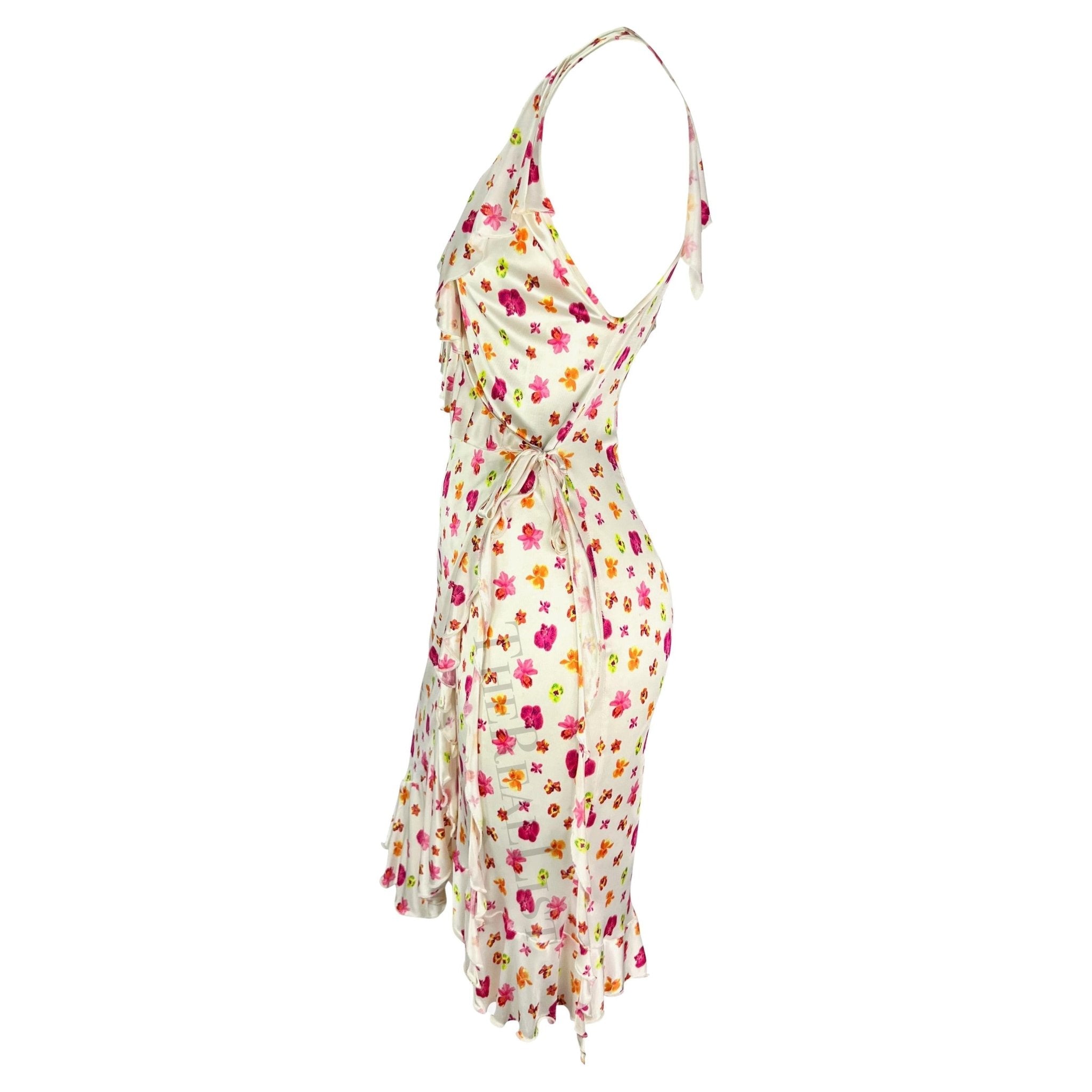 S/S 2004 Versace by Donatella White Ruffle Orchid Print Wrap Dress - RealList