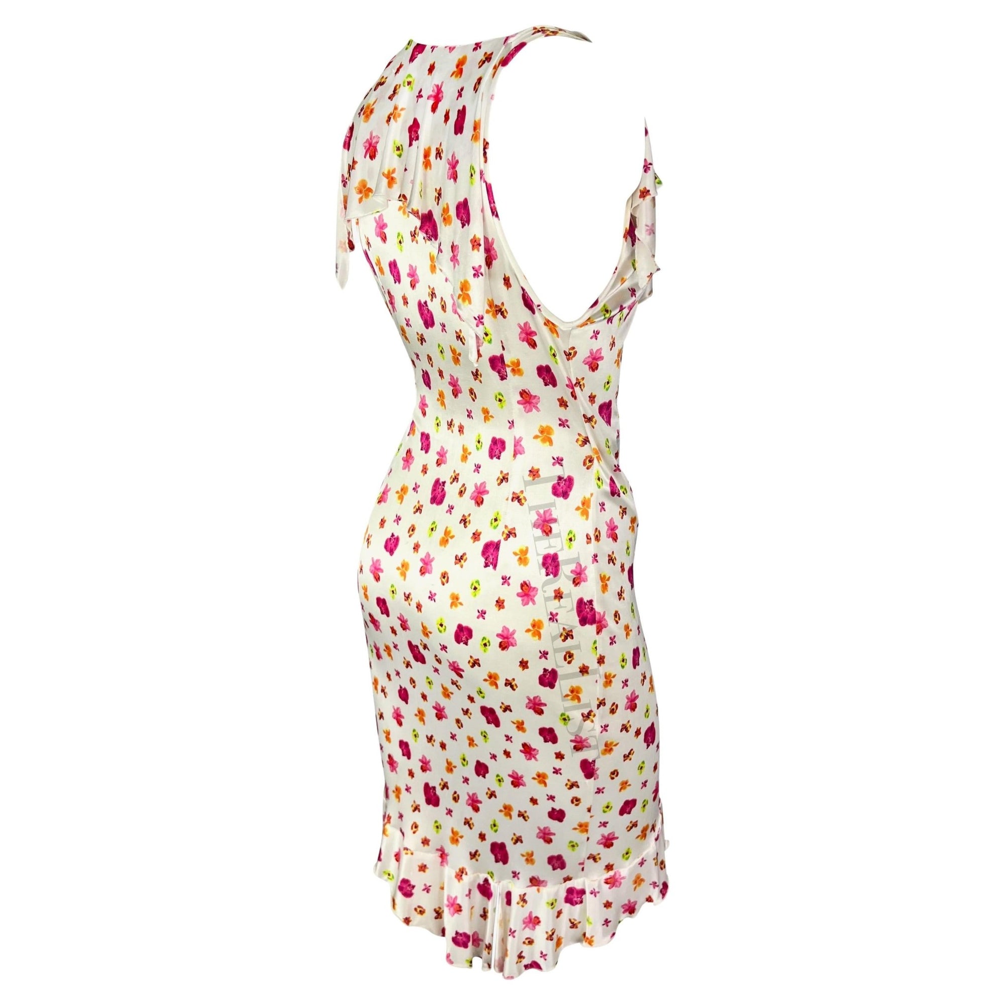 S/S 2004 Versace by Donatella White Ruffle Orchid Print Wrap Dress - RealList
