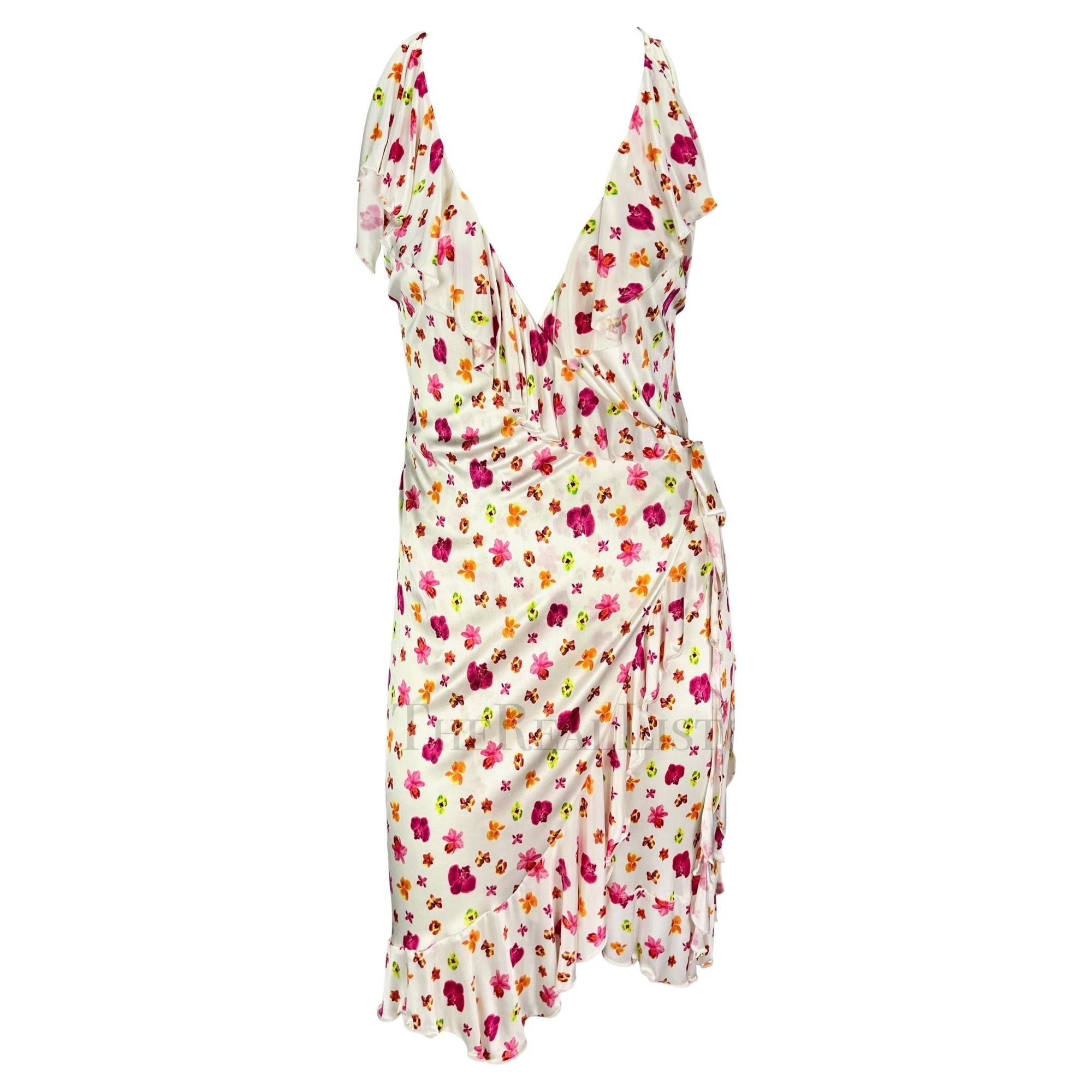 S/S 2004 Versace by Donatella White Ruffle Orchid Print Wrap Dress - RealList