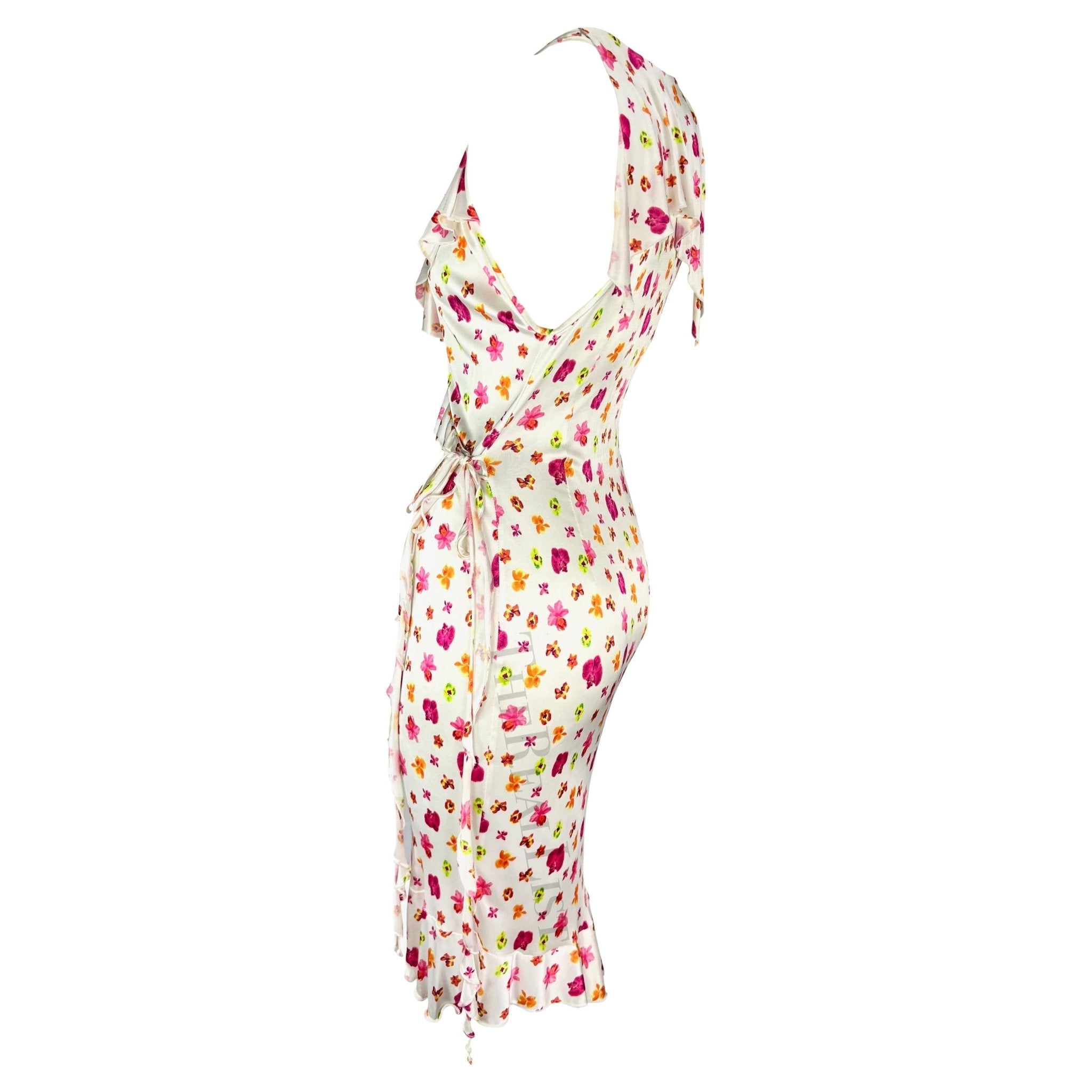 S/S 2004 Versace by Donatella White Ruffle Orchid Print Wrap Dress - RealList