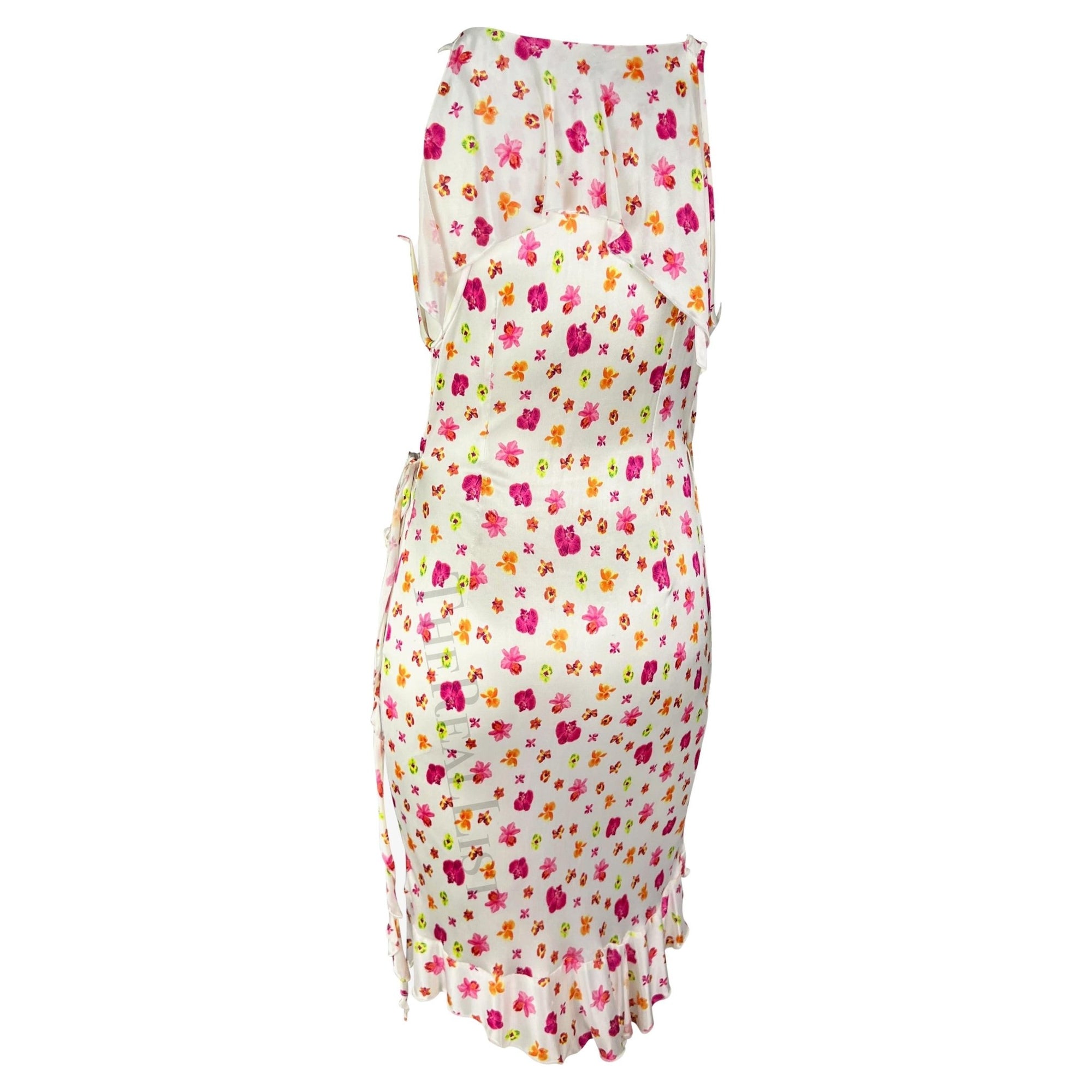S/S 2004 Versace by Donatella White Ruffle Orchid Print Wrap Dress - RealList