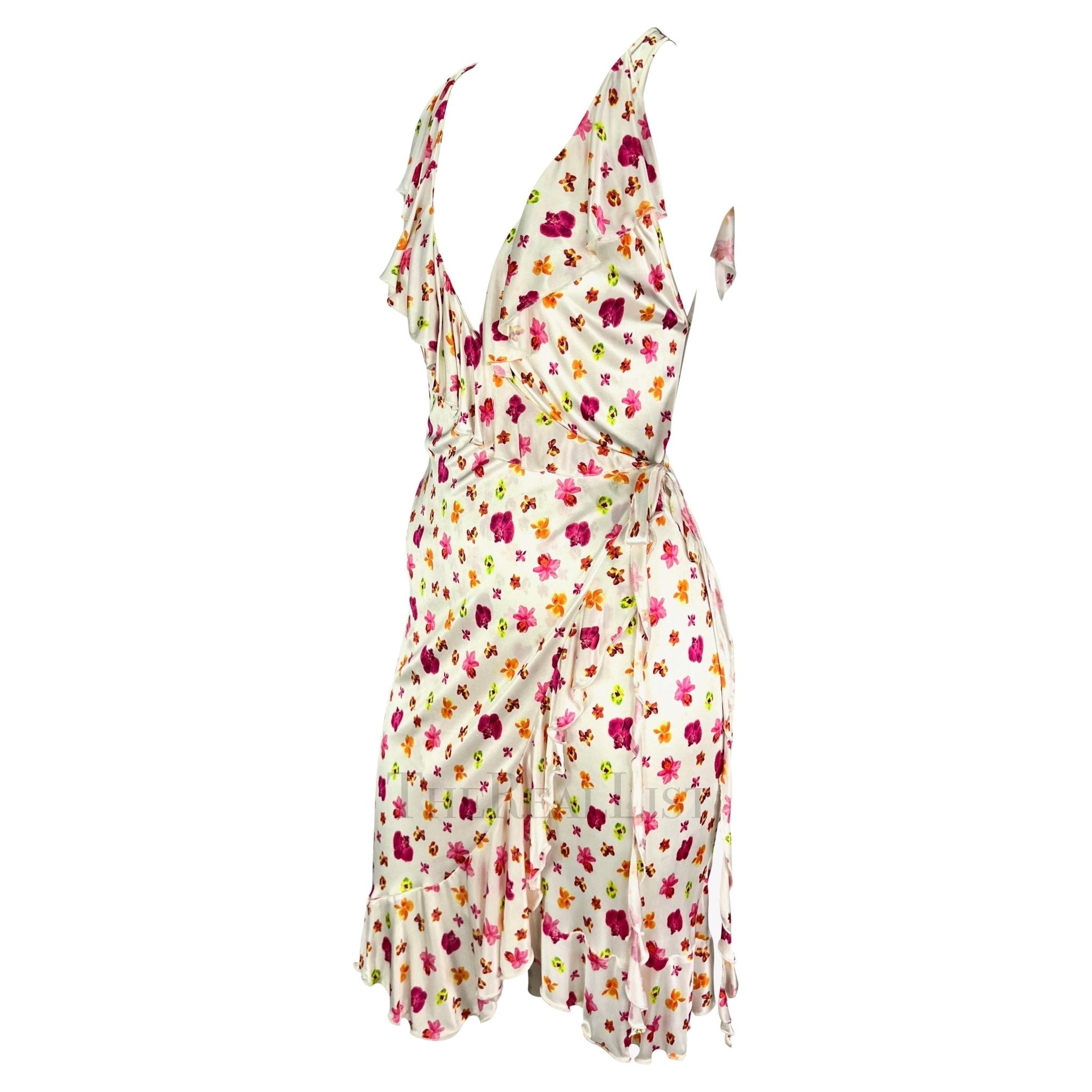 S/S 2004 Versace by Donatella White Ruffle Orchid Print Wrap Dress - RealList