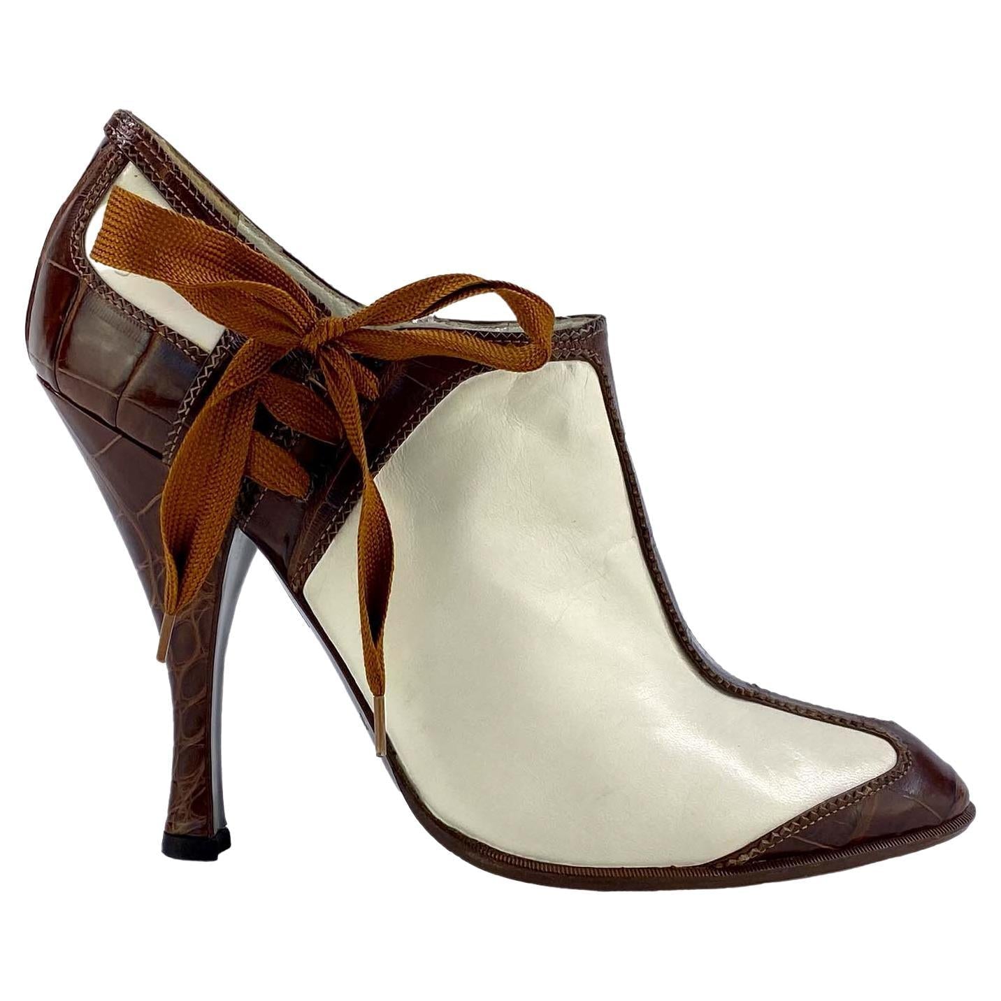 S/S 2004 Yves Saint Laurent by Tom Ford Croc Lace Up White Ankle Boot 4.5" Heels - RealList