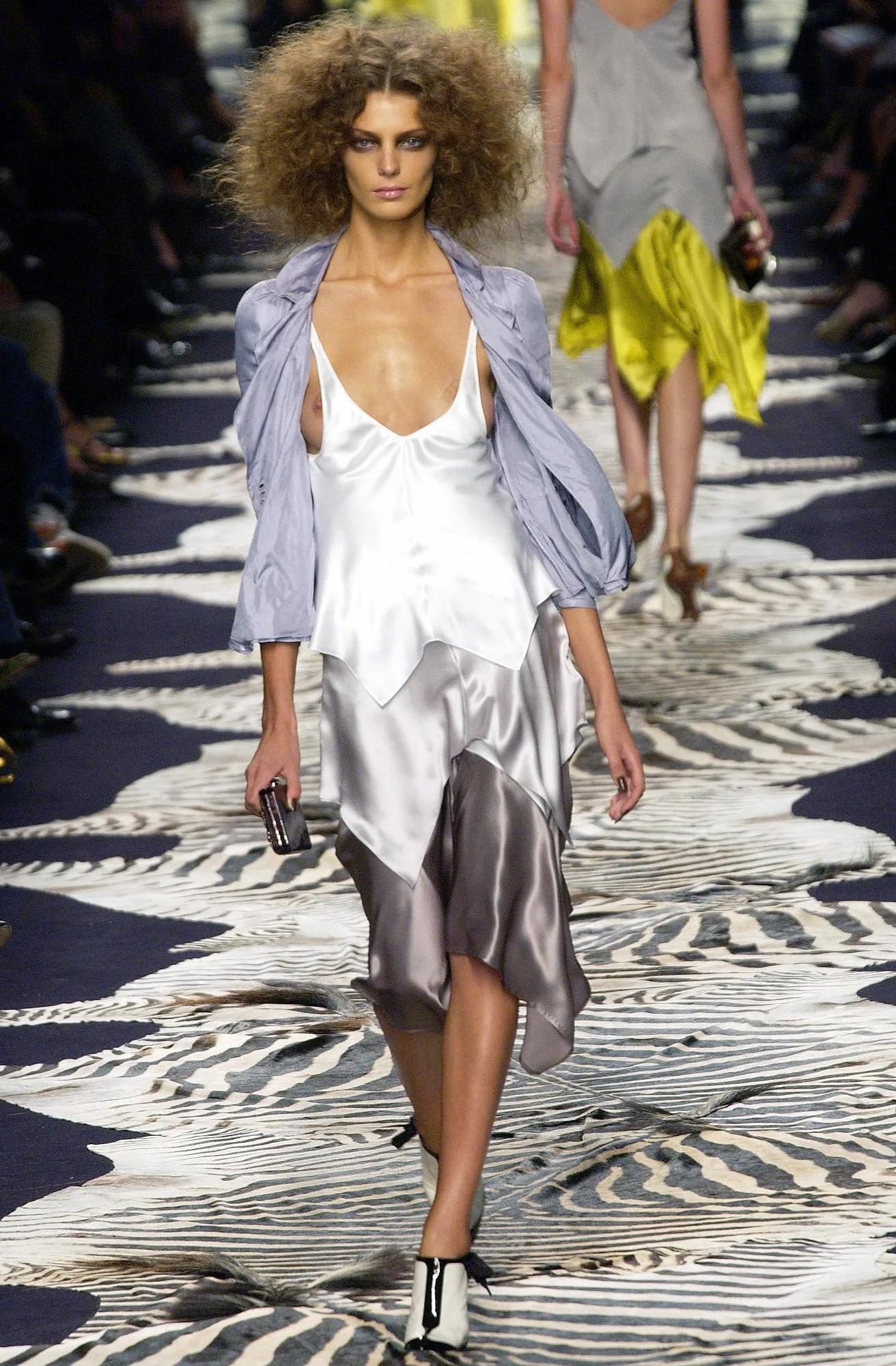 S/S 2004 Yves Saint Laurent by Tom Ford Runway Silver Creme Satin Maxi Dress - RealList