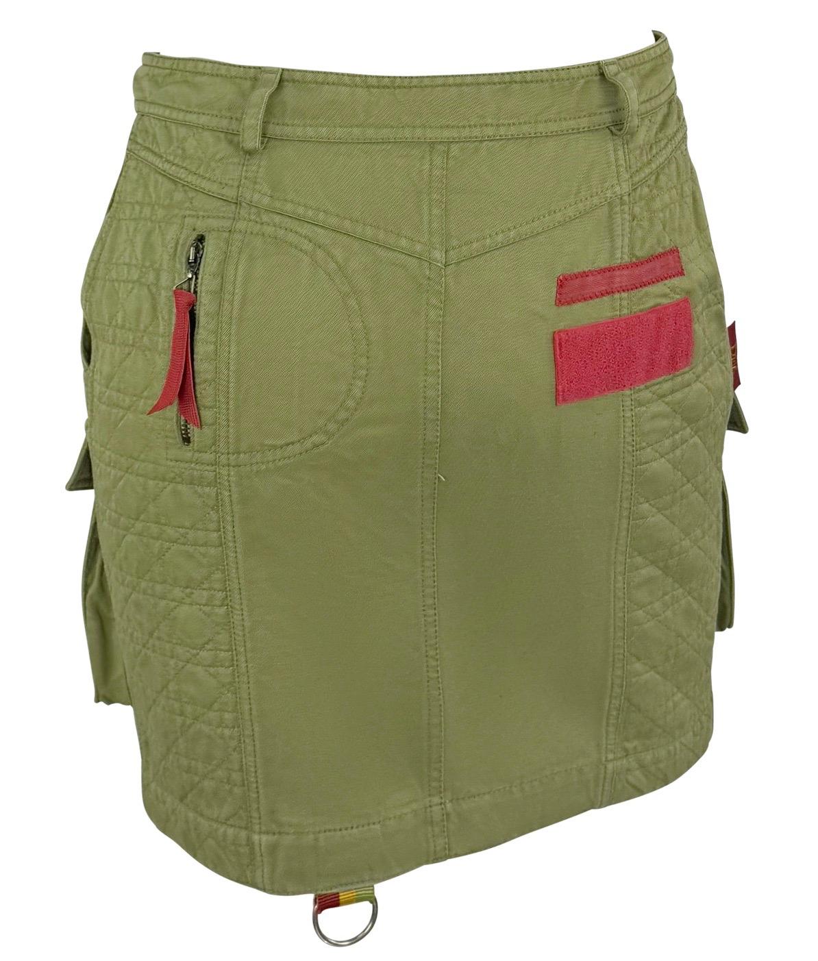 S/S 2005 Christian Dior by John Galliano Logo Quilted Olive Green Cargo Skirt - RealList