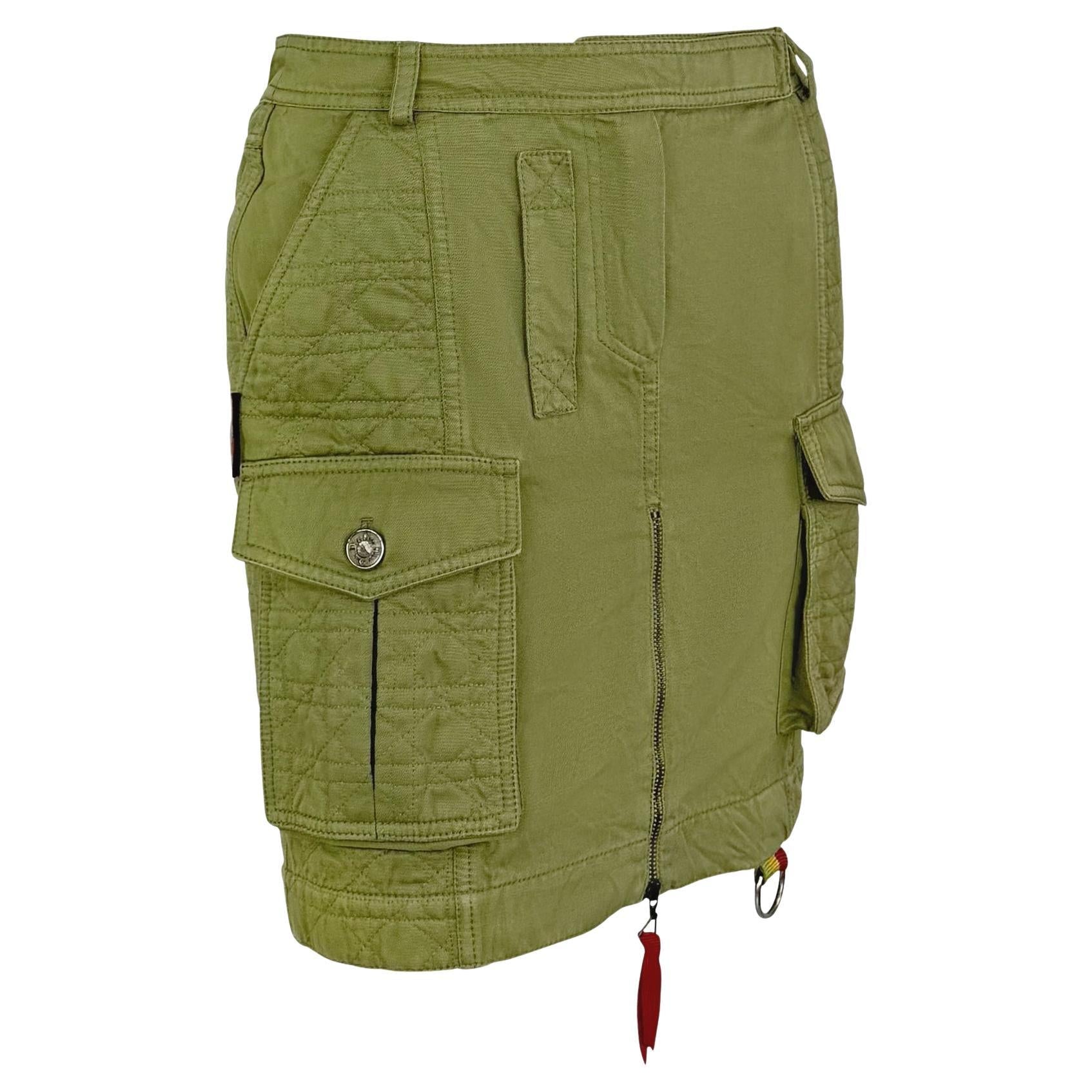 S/S 2005 Christian Dior by John Galliano Logo Quilted Olive Green Cargo Skirt - RealList