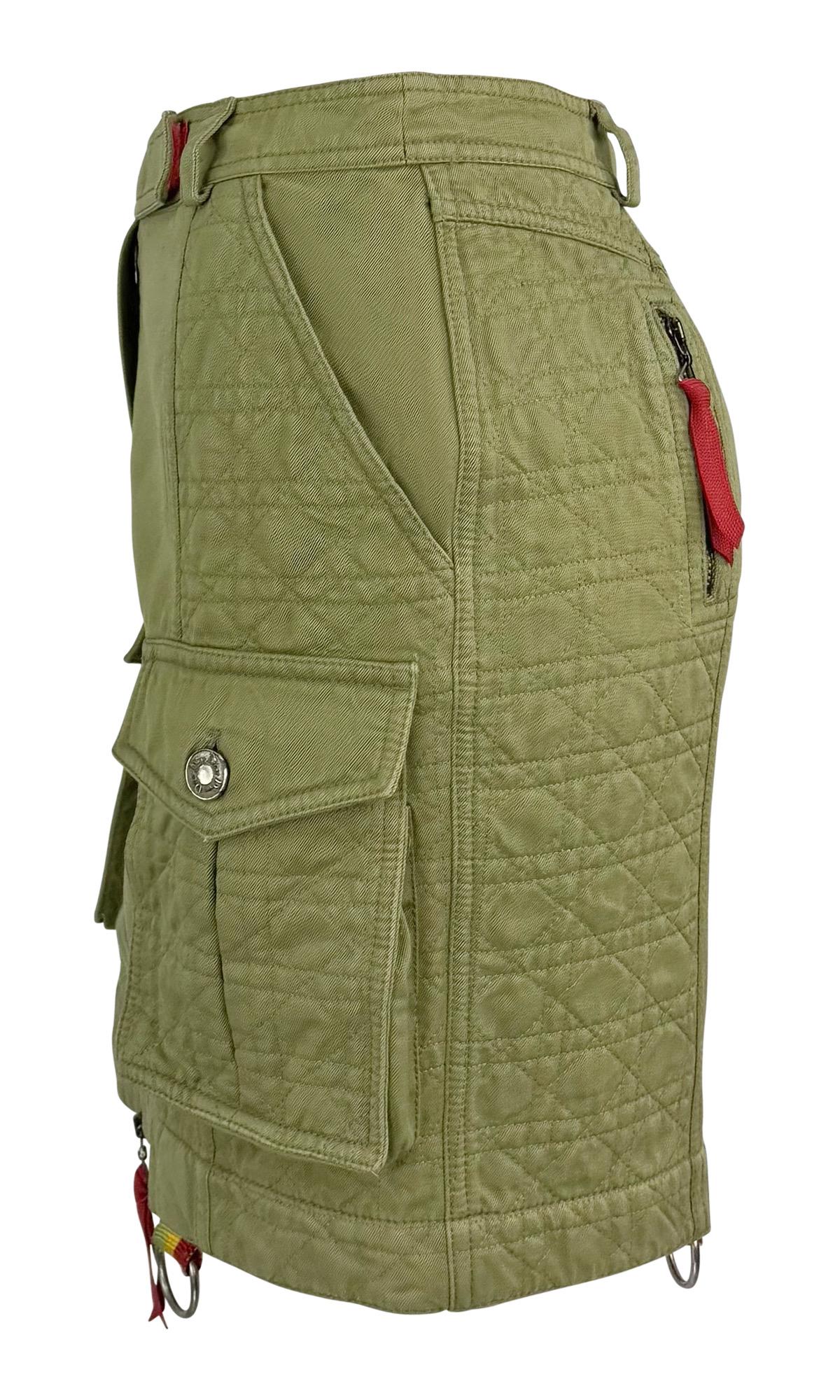S/S 2005 Christian Dior by John Galliano Logo Quilted Olive Green Cargo Skirt - RealList