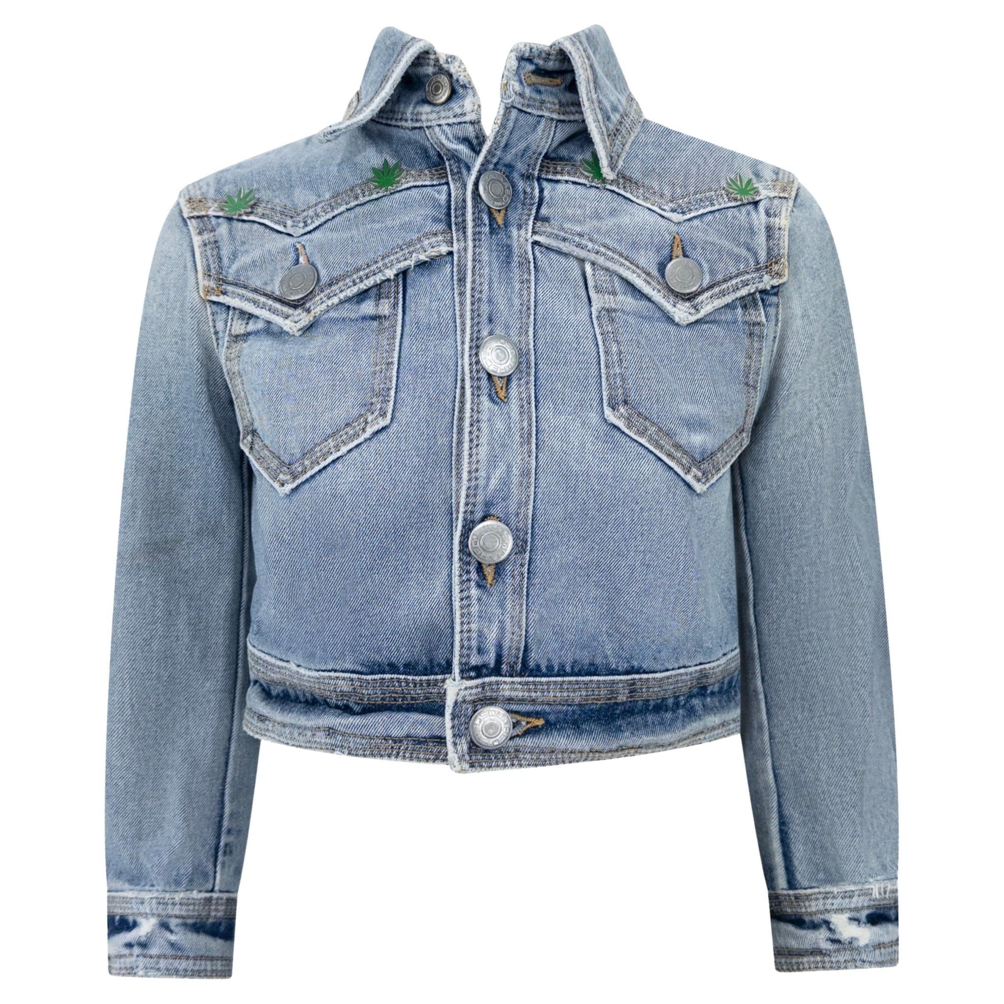 S/S 2005 Dsquared2 Marijuana Leaf Stoner Distressed Denim Cropped Jacket - RealList