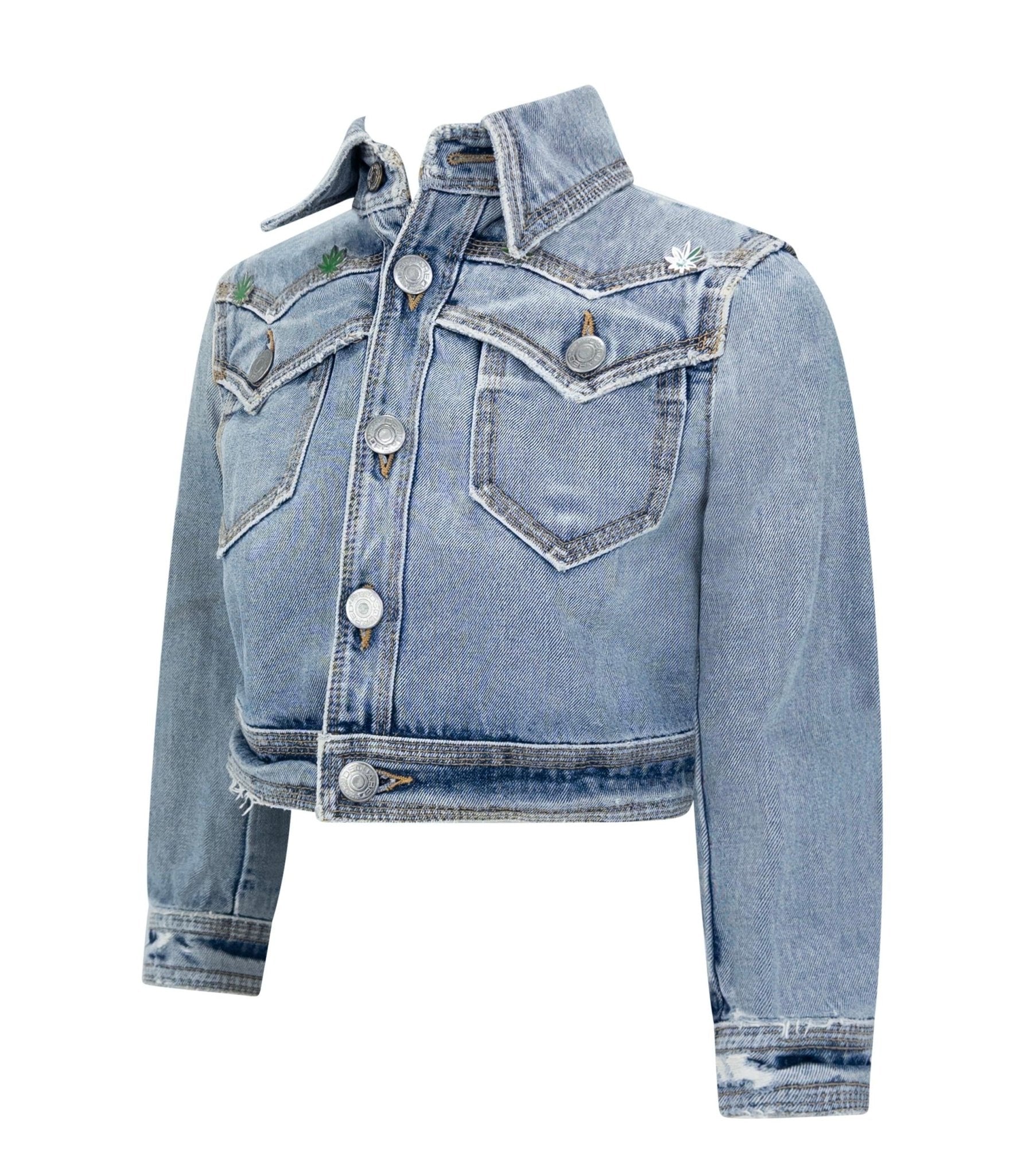 S/S 2005 Dsquared2 Marijuana Leaf Stoner Distressed Denim Cropped Jacket - RealList