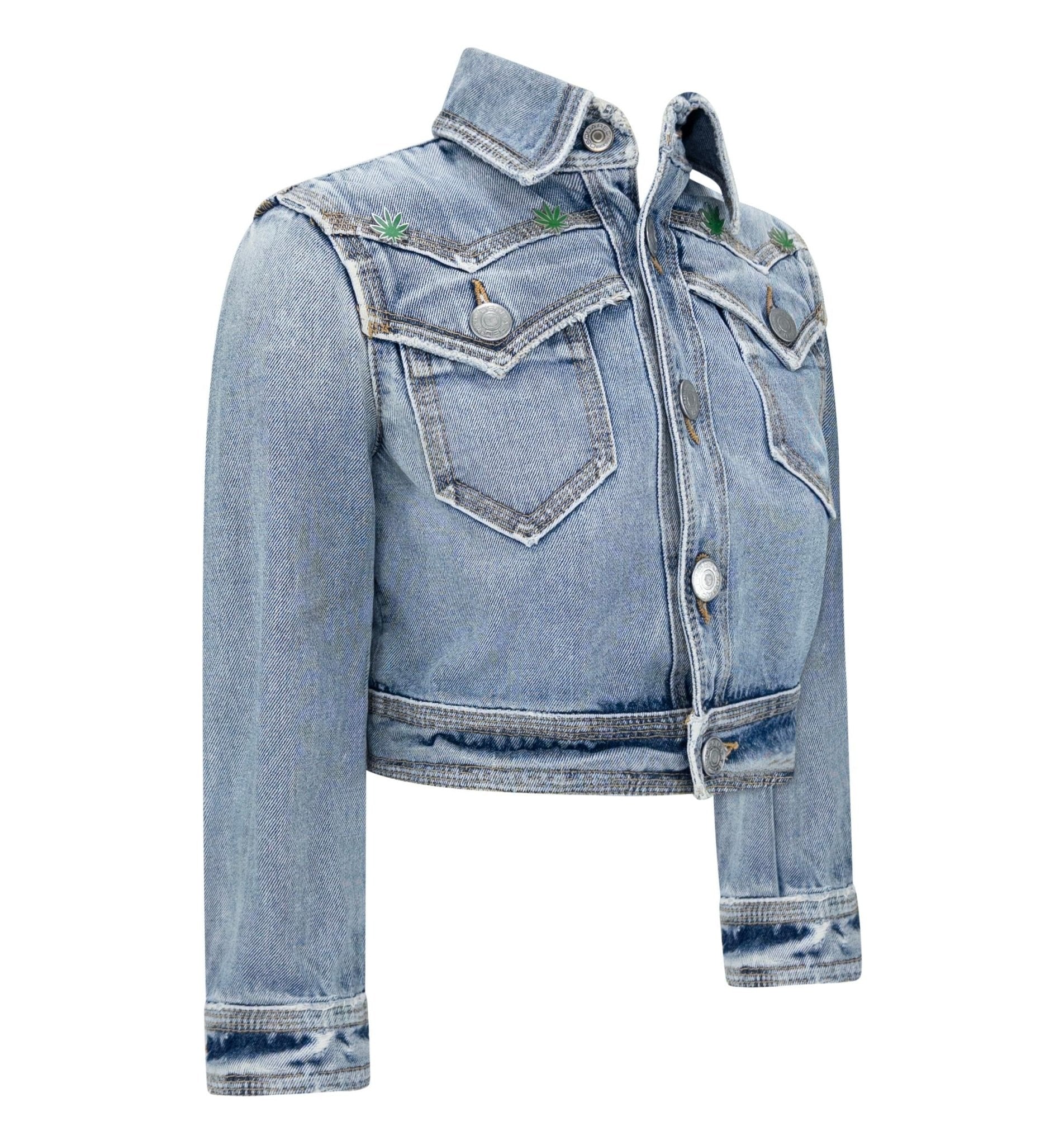 S/S 2005 Dsquared2 Marijuana Leaf Stoner Distressed Denim Cropped Jacket - RealList
