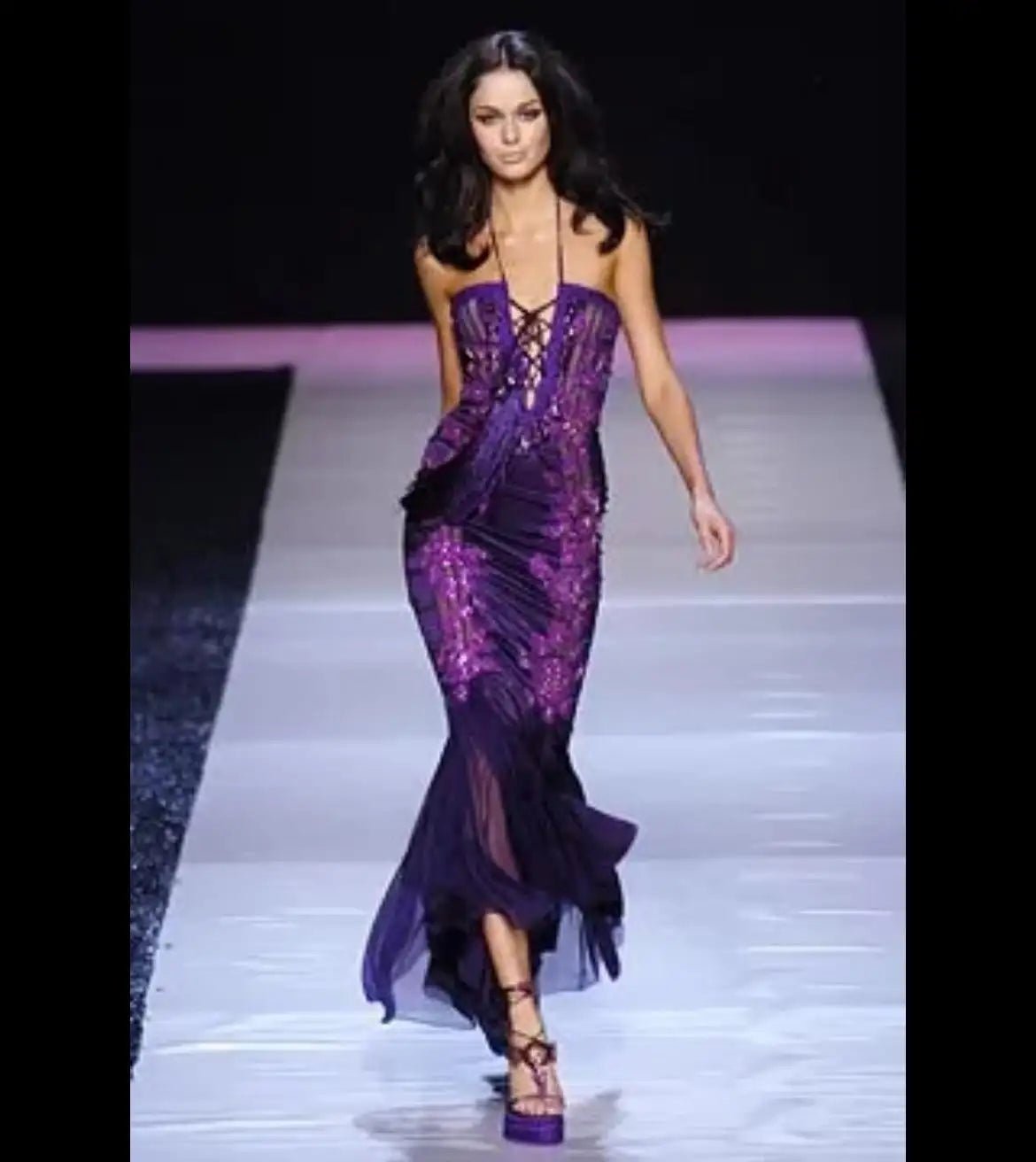 S/S 2005 Emanuel Ungaro by Giambattista Valli Rhinestone Purple Lace - Up Gown - RealList