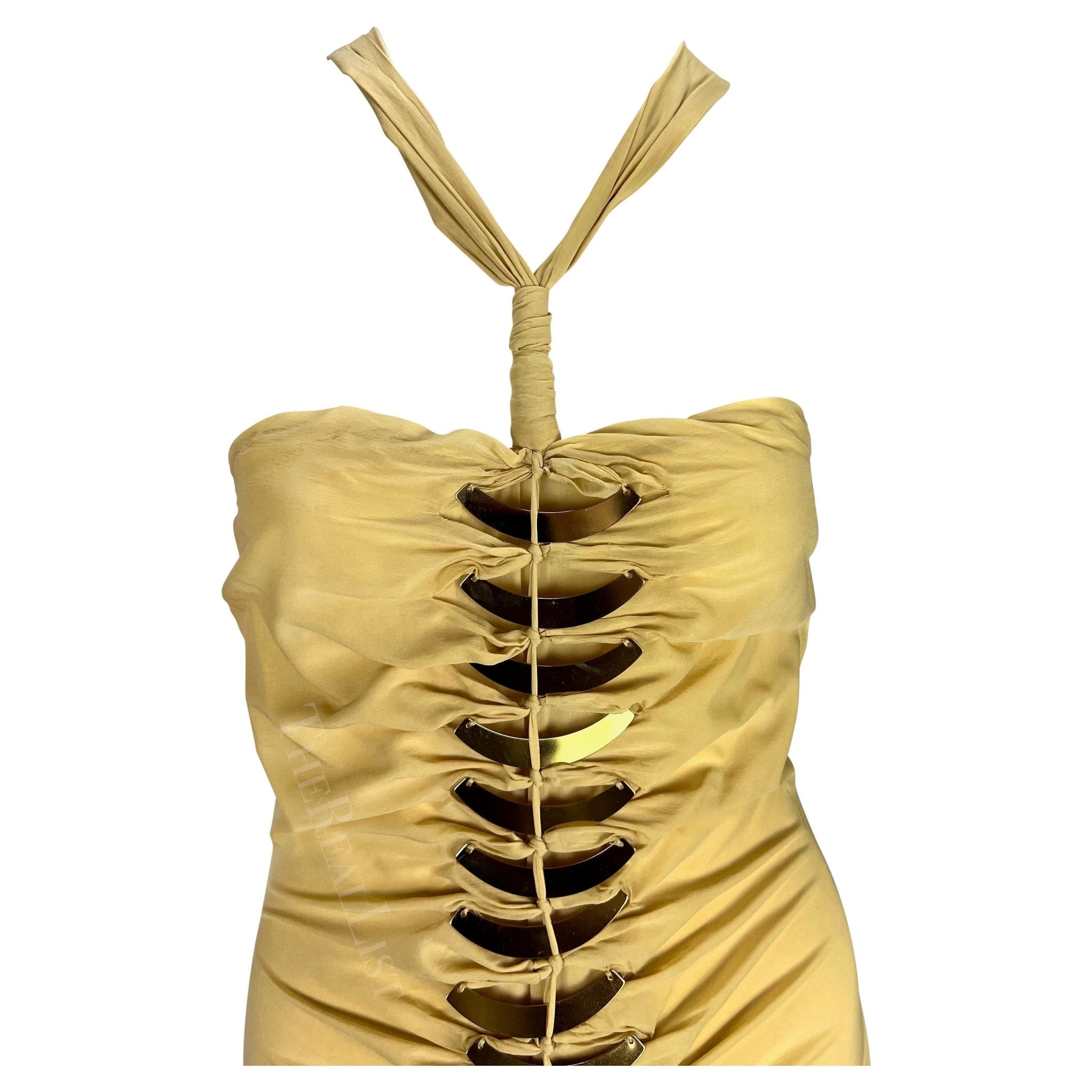 S/S 2005 Gucci Beige Cutout Gold - Tone Metal Spine Bodycon Mini Dress - RealList