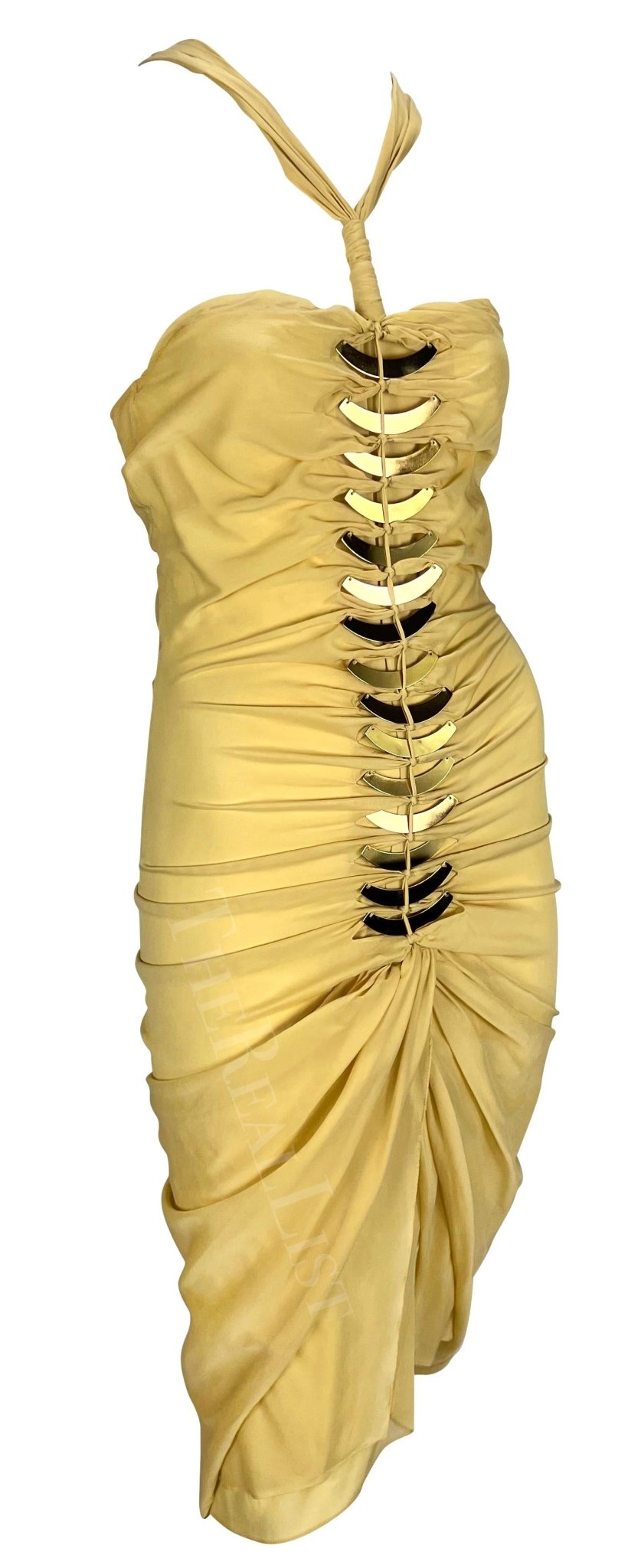 S/S 2005 Gucci Beige Cutout Gold - Tone Metal Spine Bodycon Mini Dress - RealList