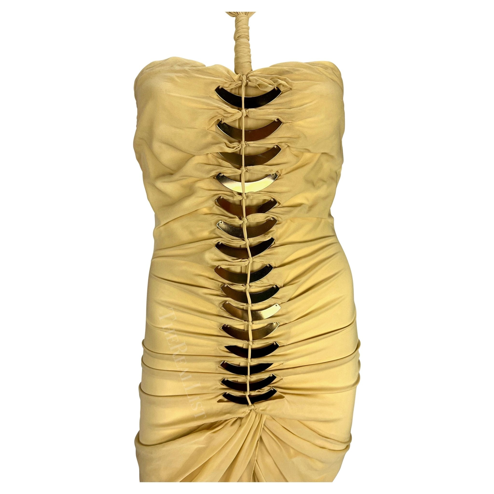 S/S 2005 Gucci Beige Cutout Gold - Tone Metal Spine Bodycon Mini Dress - RealList