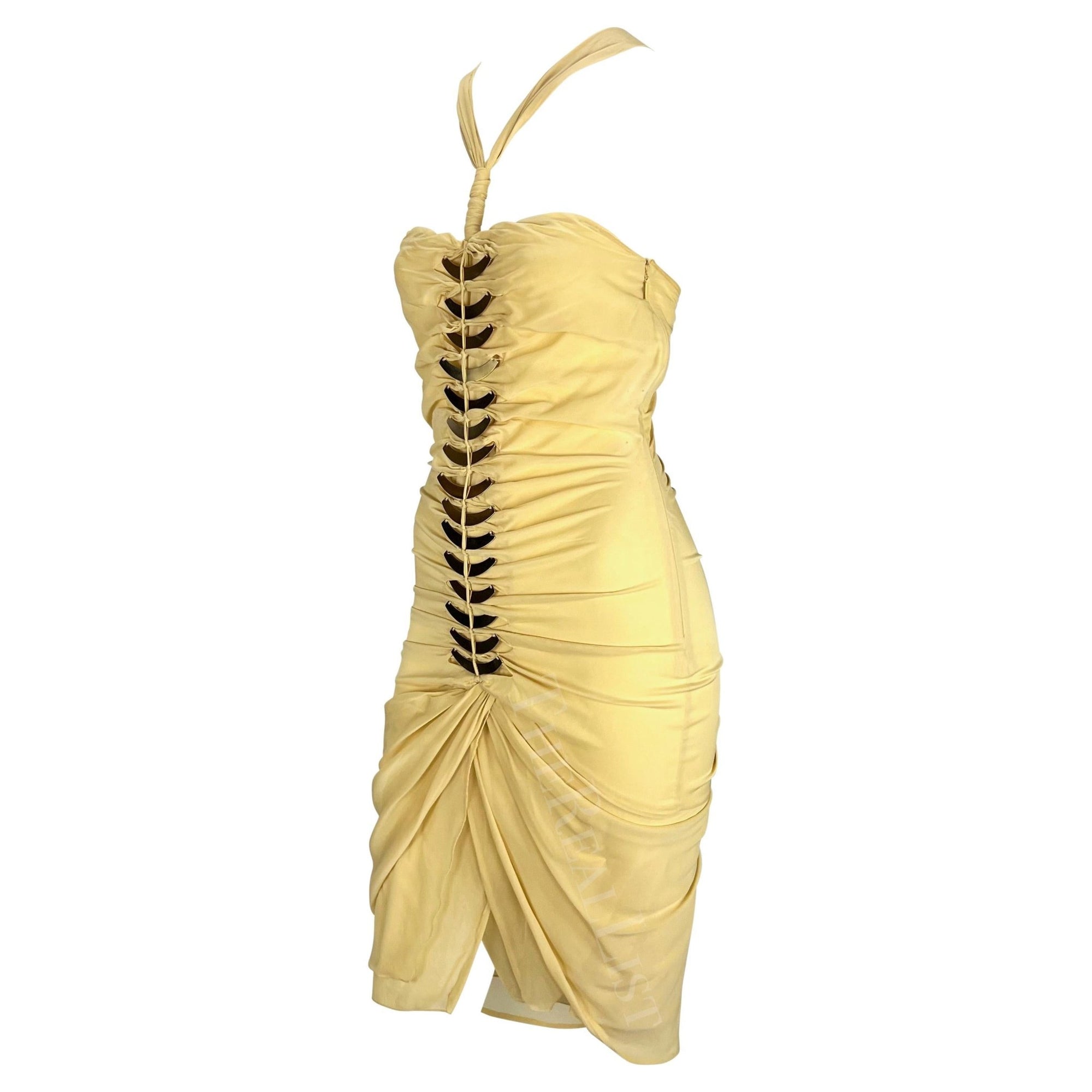 S/S 2005 Gucci Beige Cutout Gold - Tone Metal Spine Bodycon Mini Dress - RealList