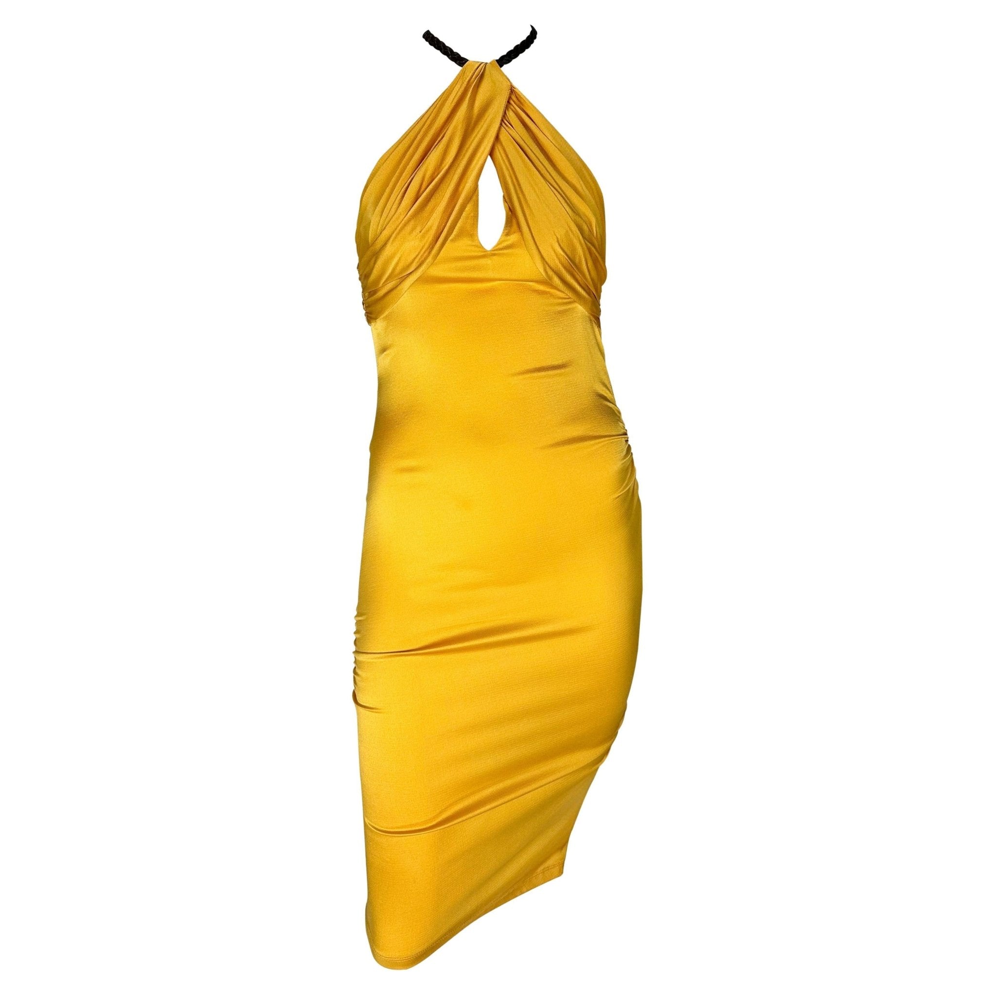 S/S 2005 Gucci Beyoncé Marigold Yellow Ruched Satin Braided Leather Halter Dress - RealList
