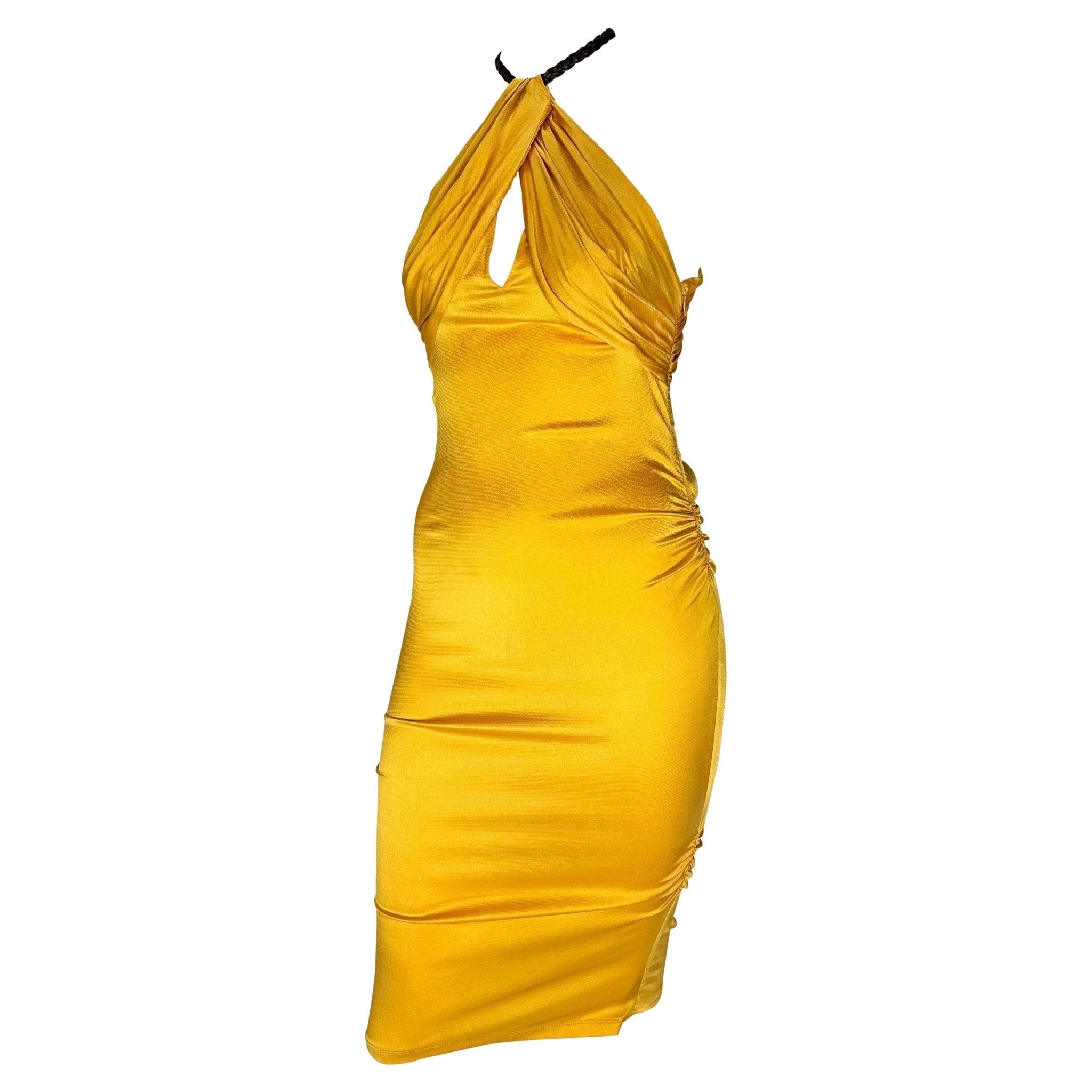 S/S 2005 Gucci Beyoncé Marigold Yellow Ruched Satin Braided Leather Halter Dress - RealList