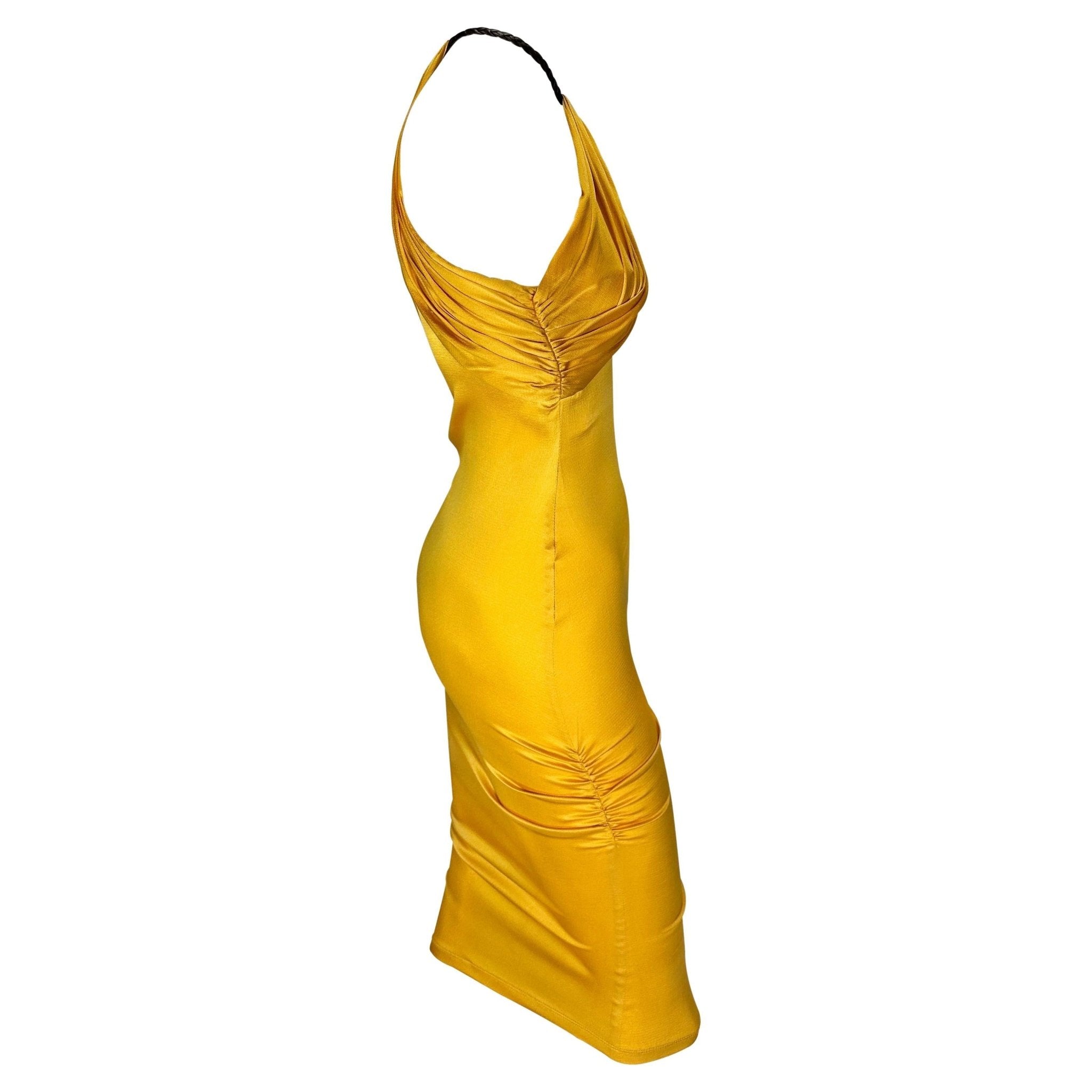 S/S 2005 Gucci Beyoncé Marigold Yellow Ruched Satin Braided Leather Halter Dress - RealList