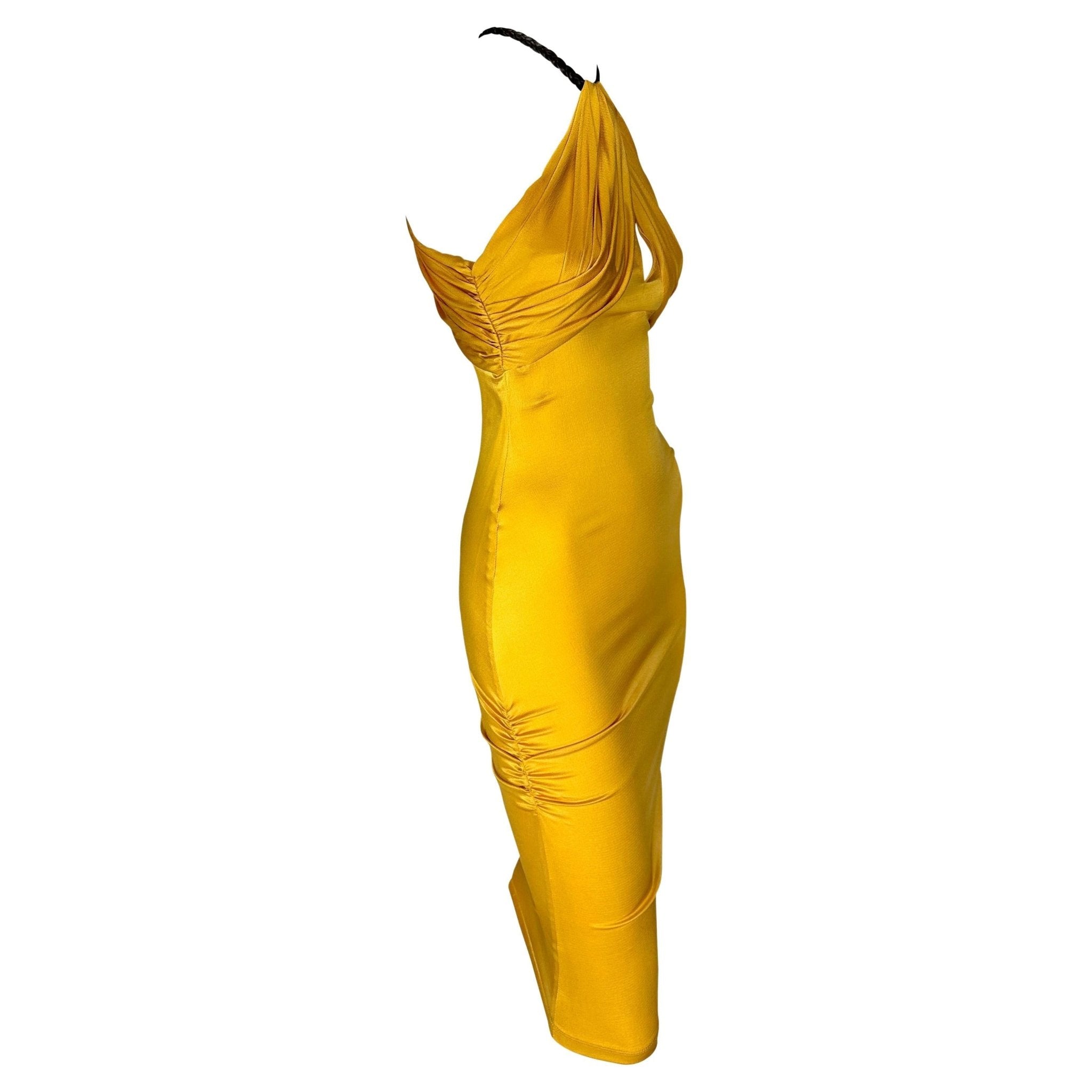 S/S 2005 Gucci Beyoncé Marigold Yellow Ruched Satin Braided Leather Halter Dress - RealList