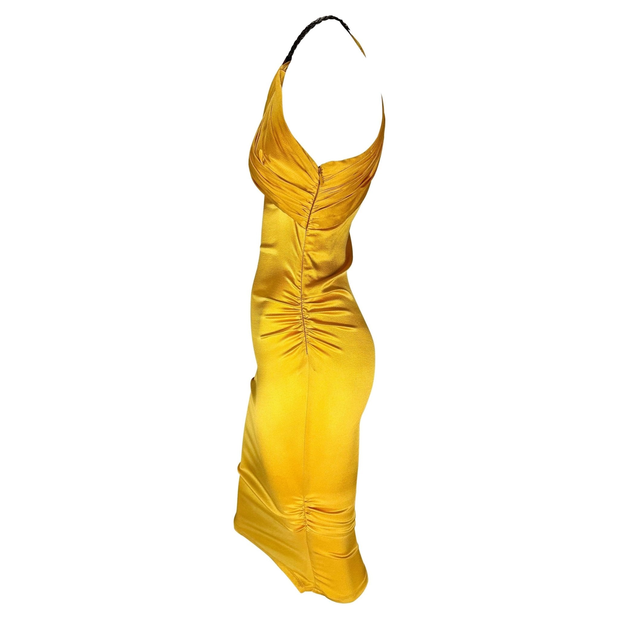 S/S 2005 Gucci Beyoncé Marigold Yellow Ruched Satin Braided Leather Halter Dress - RealList