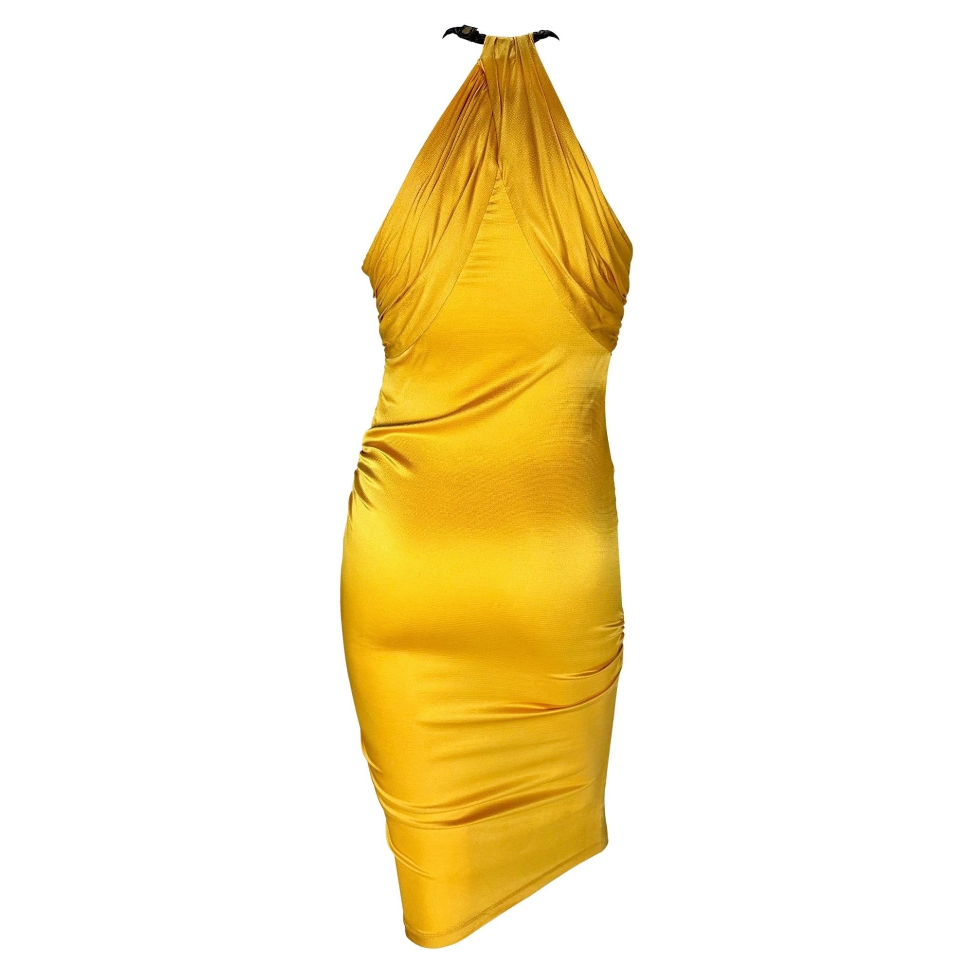S/S 2005 Gucci Beyoncé Marigold Yellow Ruched Satin Braided Leather Halter Dress - RealList