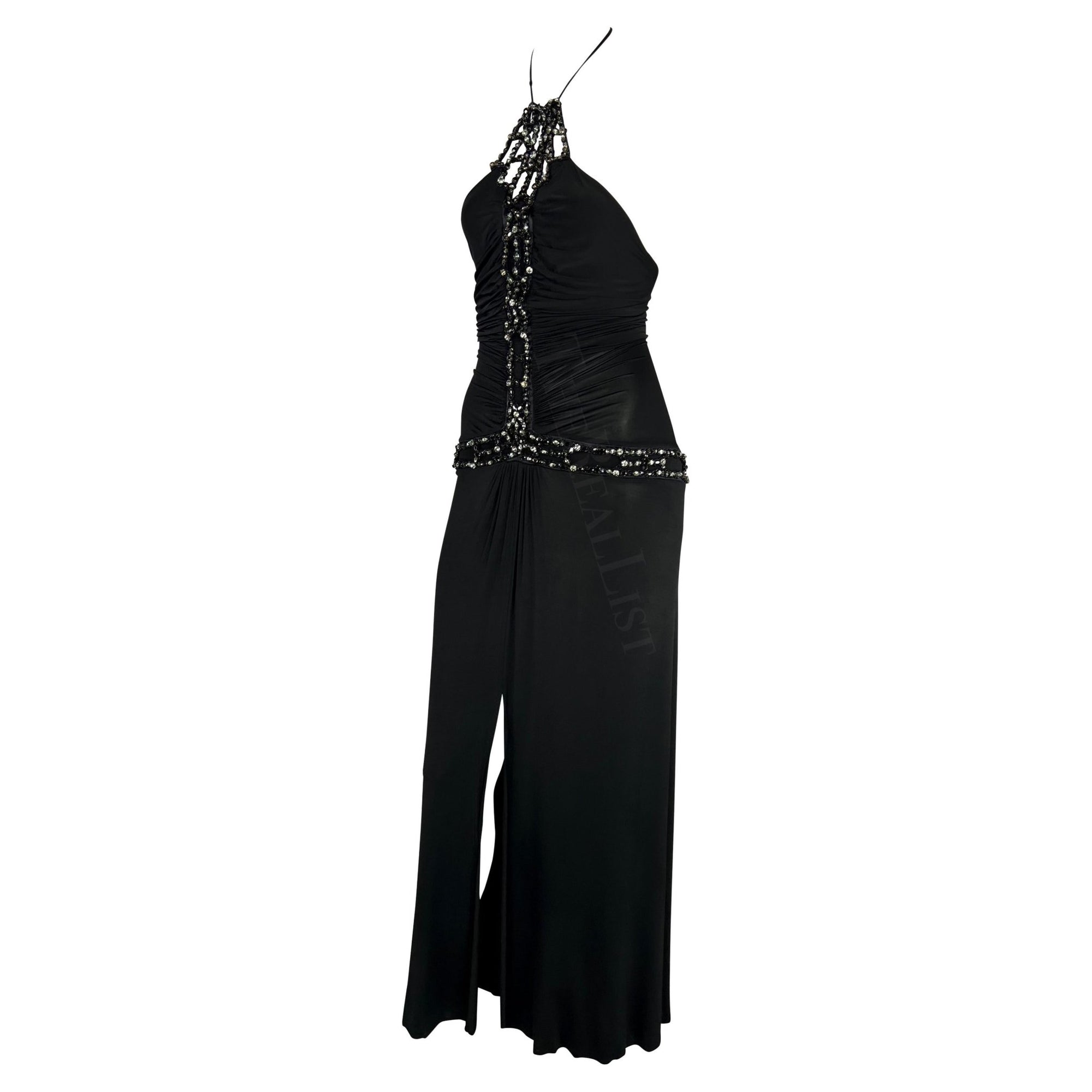 S/S 2005 Roberto Cavalli Black Rhinestone Sheer Bodycon Stretch Halter Gown - RealList