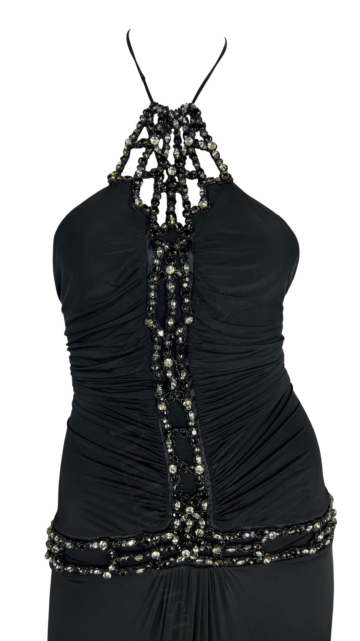 S/S 2005 Roberto Cavalli Black Rhinestone Sheer Bodycon Stretch Halter Gown - RealList