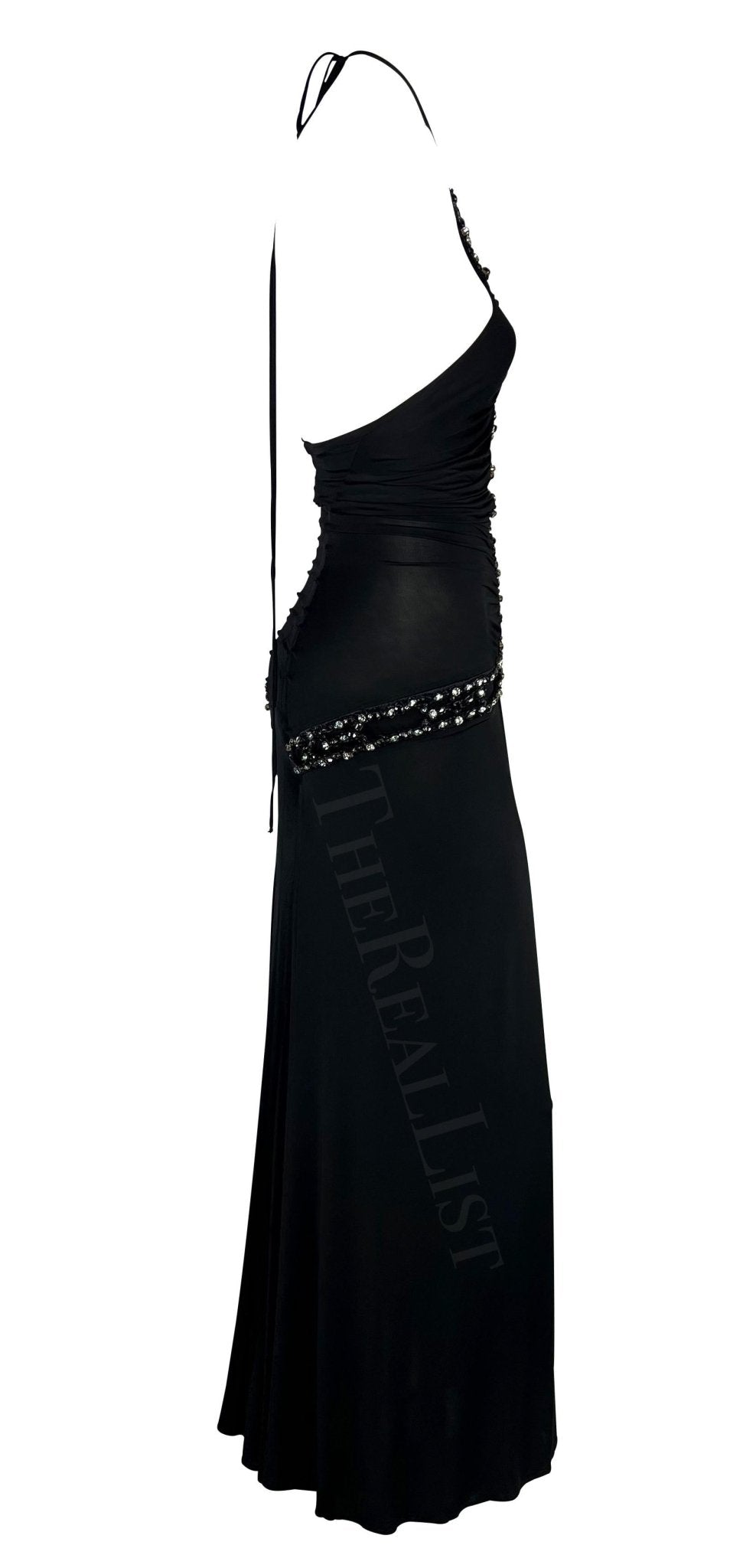 S/S 2005 Roberto Cavalli Black Rhinestone Sheer Bodycon Stretch Halter Gown - RealList