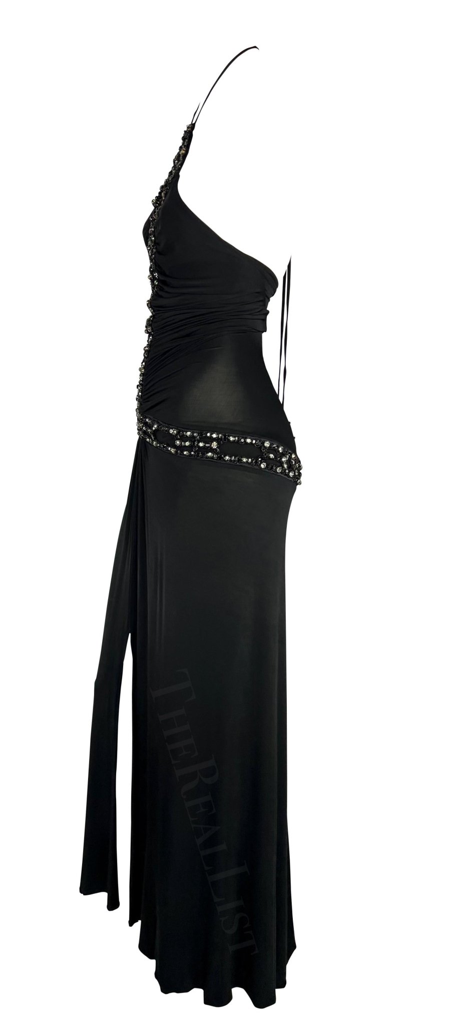 S/S 2005 Roberto Cavalli Black Rhinestone Sheer Bodycon Stretch Halter Gown - RealList