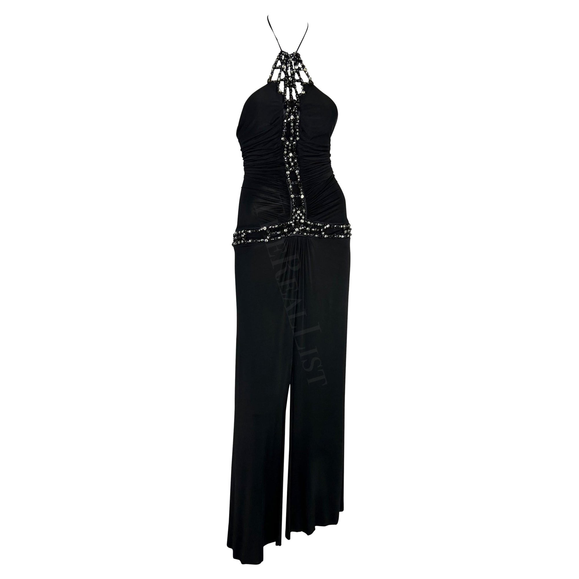 S/S 2005 Roberto Cavalli Black Rhinestone Sheer Bodycon Stretch Halter Gown - RealList