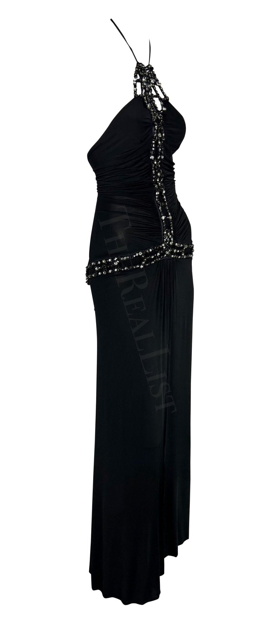 S/S 2005 Roberto Cavalli Black Rhinestone Sheer Bodycon Stretch Halter Gown - RealList