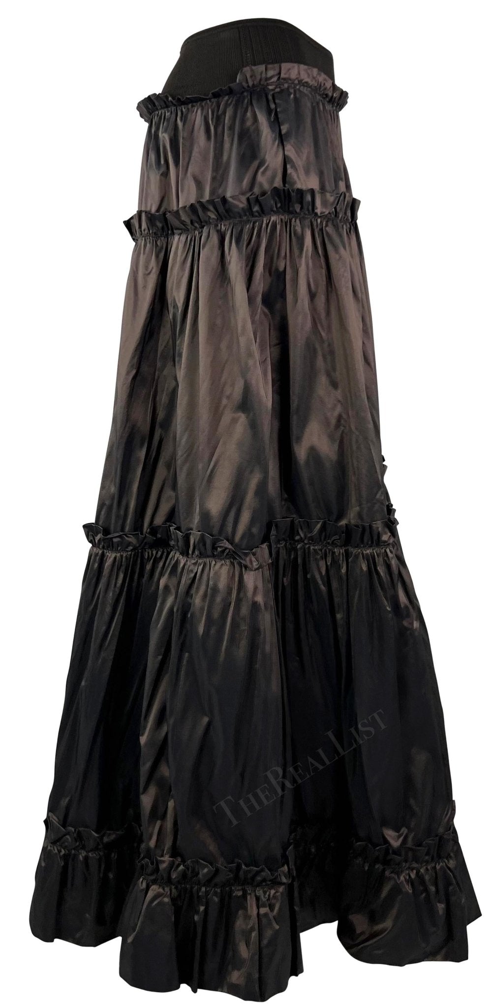 S/S 2005 Roberto Cavalli Brown Ruffle Silk Taffeta Maxi Flare Skirt - RealList