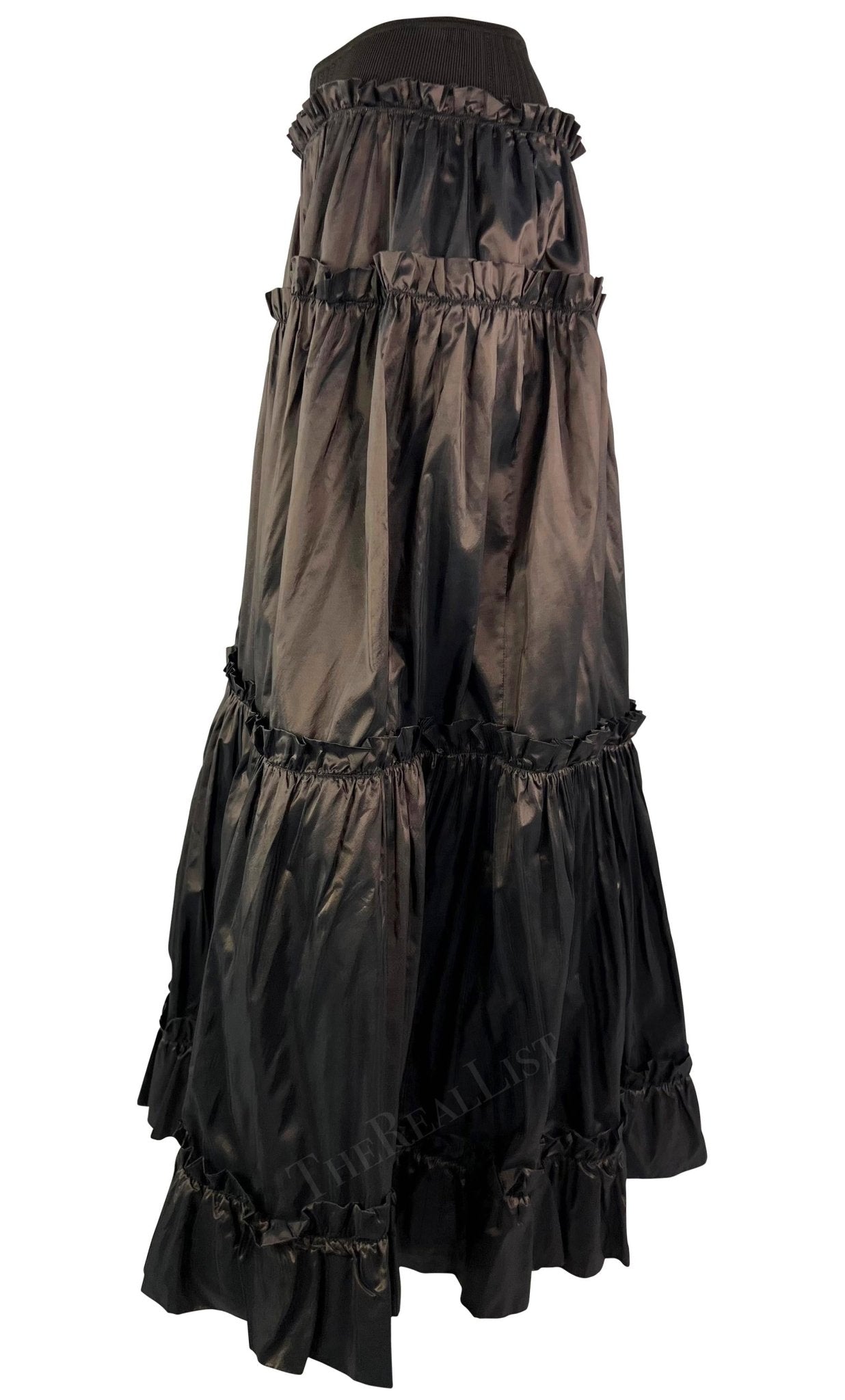 S/S 2005 Roberto Cavalli Brown Ruffle Silk Taffeta Maxi Flare Skirt - RealList