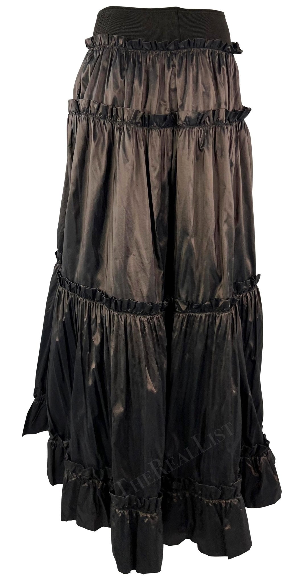 S/S 2005 Roberto Cavalli Brown Ruffle Silk Taffeta Maxi Flare Skirt - RealList