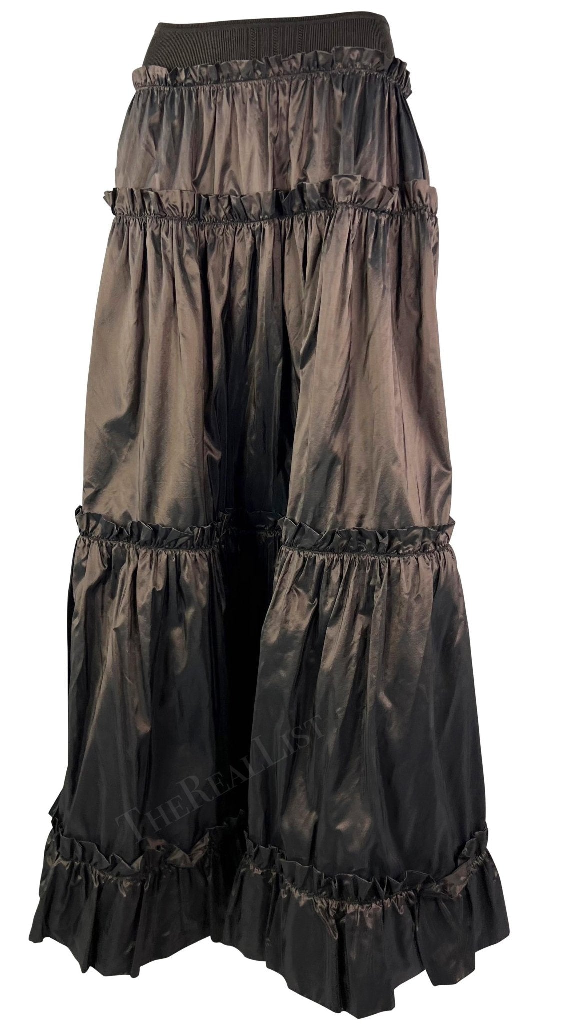 S/S 2005 Roberto Cavalli Brown Ruffle Silk Taffeta Maxi Flare Skirt - RealList