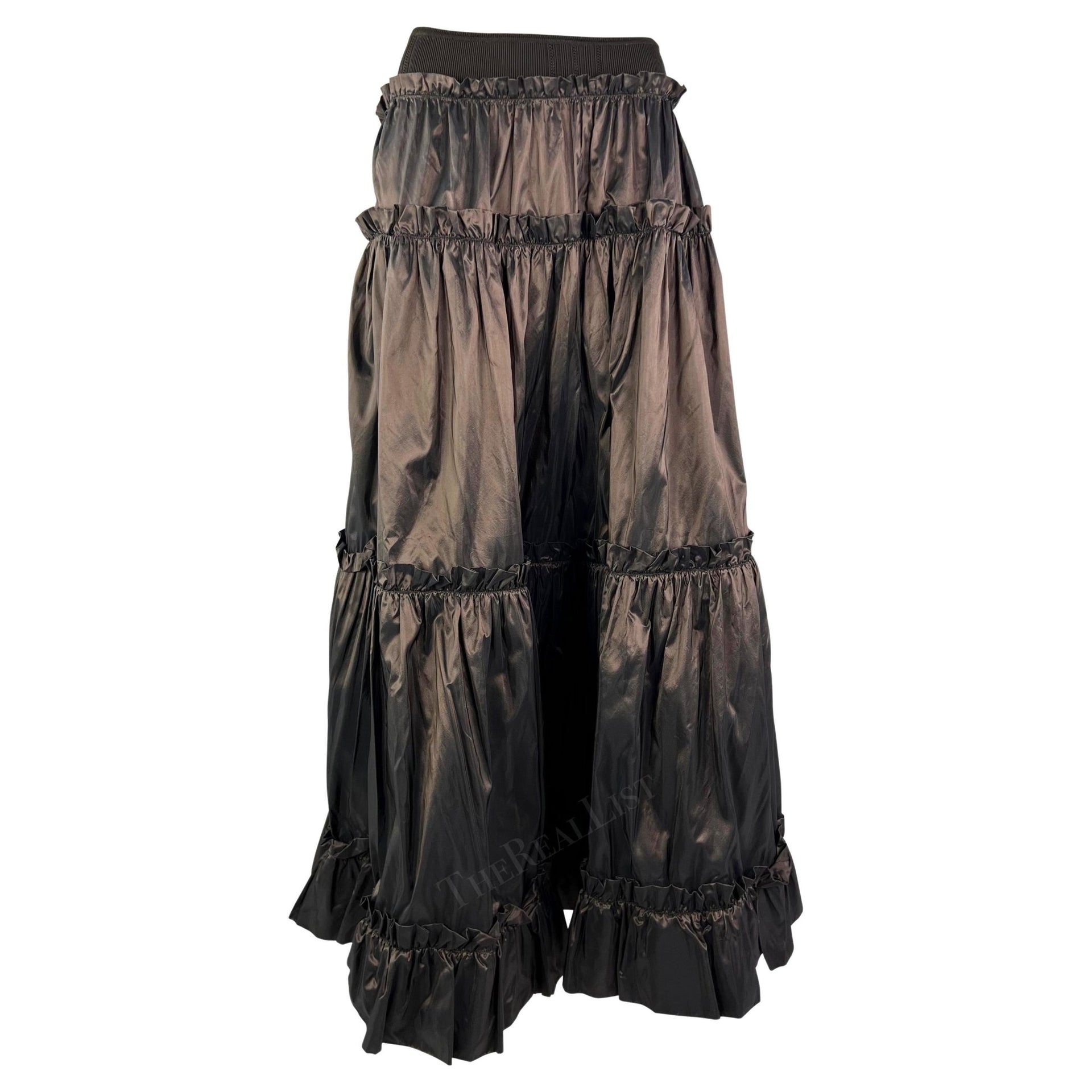 S/S 2005 Roberto Cavalli Brown Ruffle Silk Taffeta Maxi Flare Skirt - RealList
